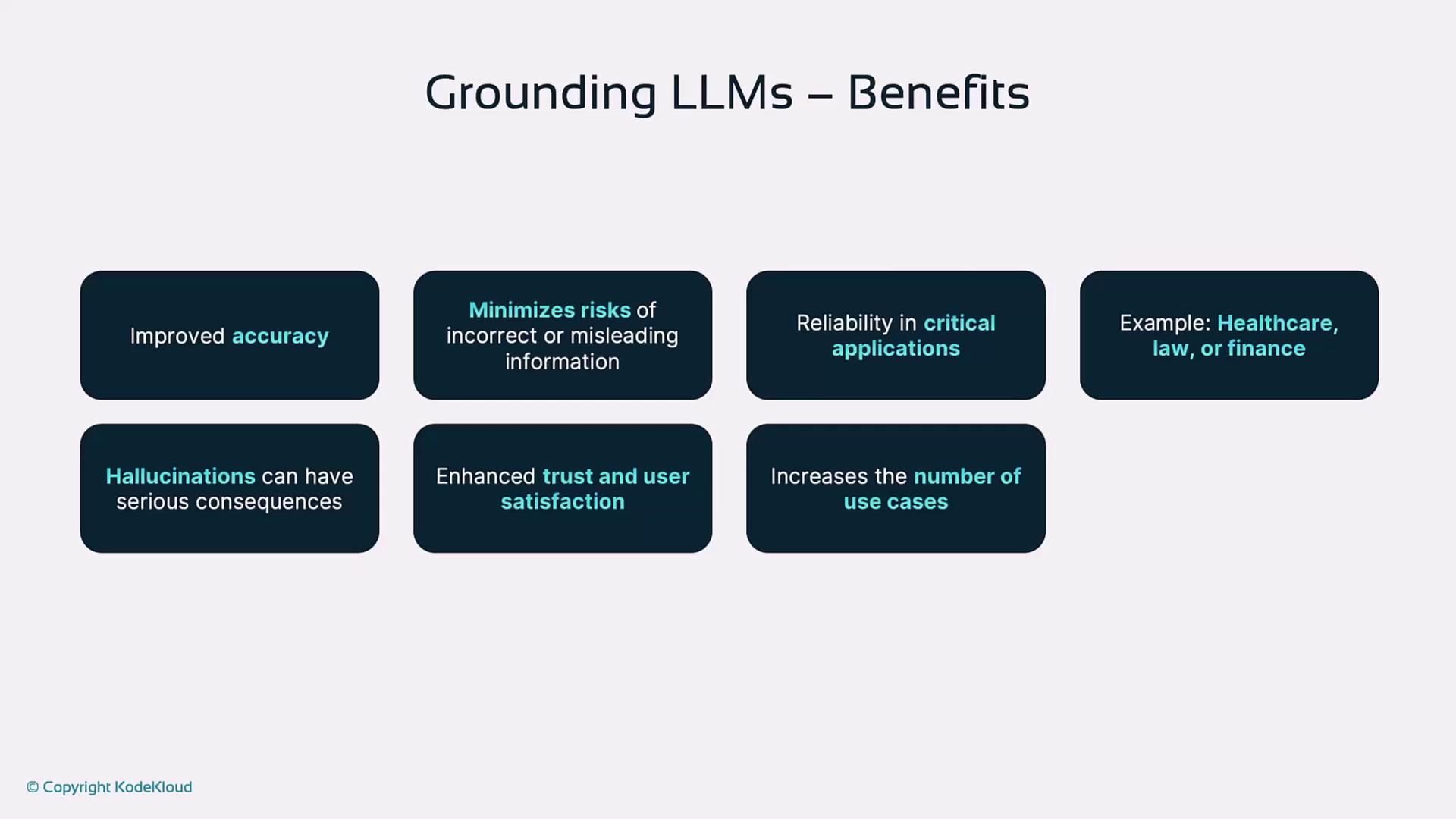 The image outlines the benefits of grounding large language models (LLMs), highlighting improved accuracy, minimized risks, reliability in critical applications, and enhanced trust. It also mentions examples like healthcare, law, and finance.
