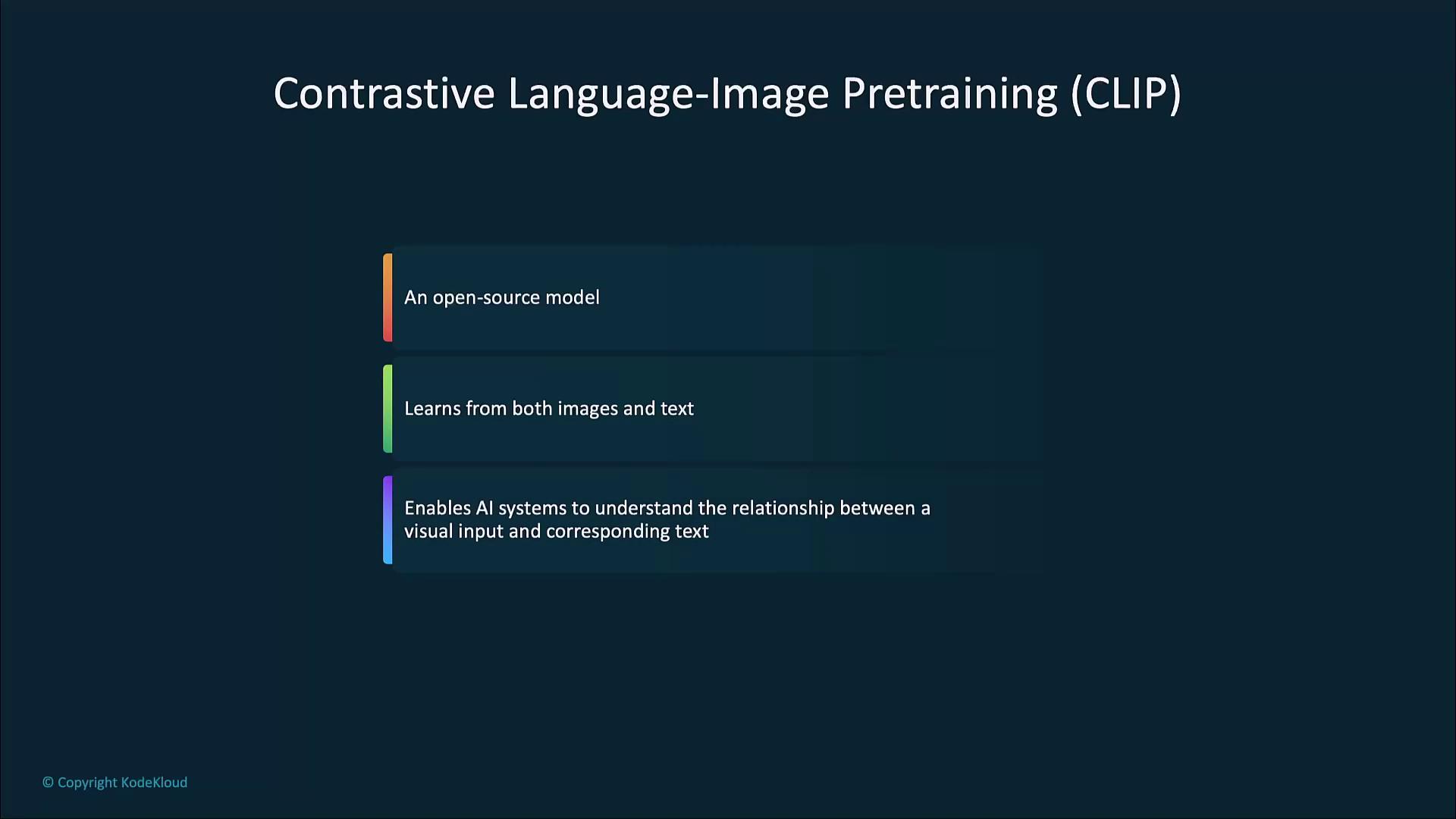 The image describes "Contrastive Language-Image Pretraining (CLIP)" as an open-source model that learns from both images and text, enabling AI systems to understand the relationship between visual input and corresponding text.