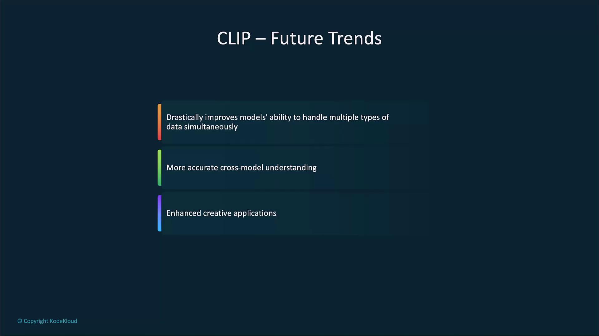The image outlines future trends for CLIP, highlighting improvements in handling multiple data types, cross-model understanding, and creative applications.