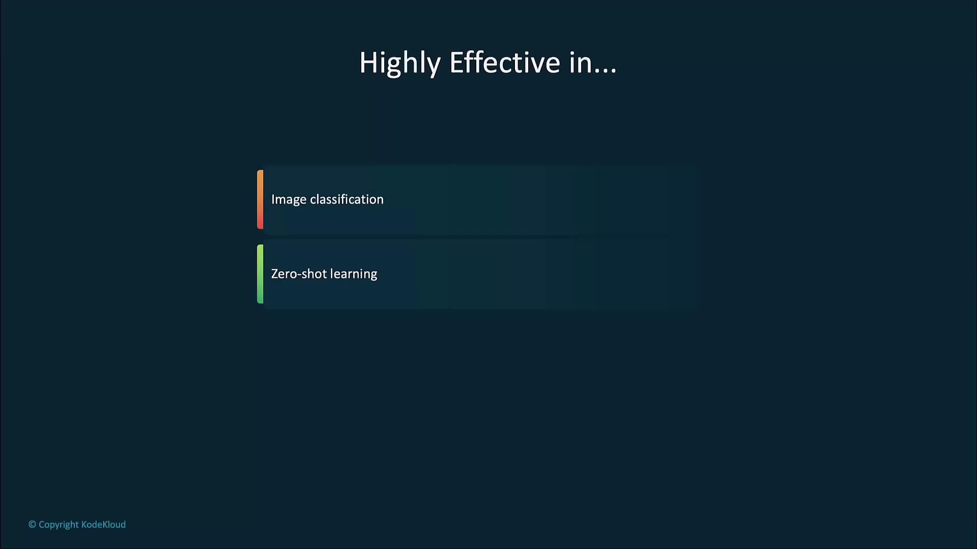 The image is a slide titled "Highly Effective in..." listing "Image classification" and "Zero-shot learning" as key points.
