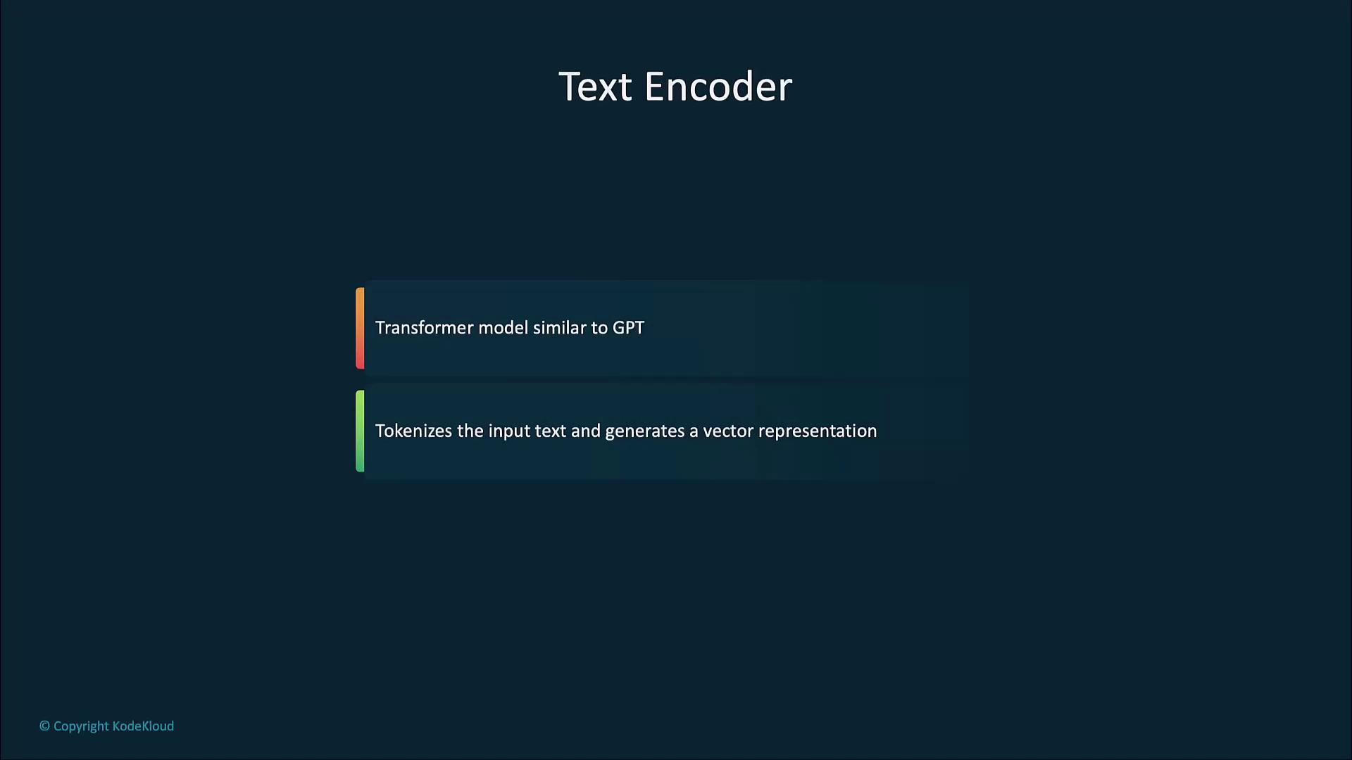 The image is a slide titled "Text Encoder," describing a transformer model similar to GPT that tokenizes input text and generates a vector representation.