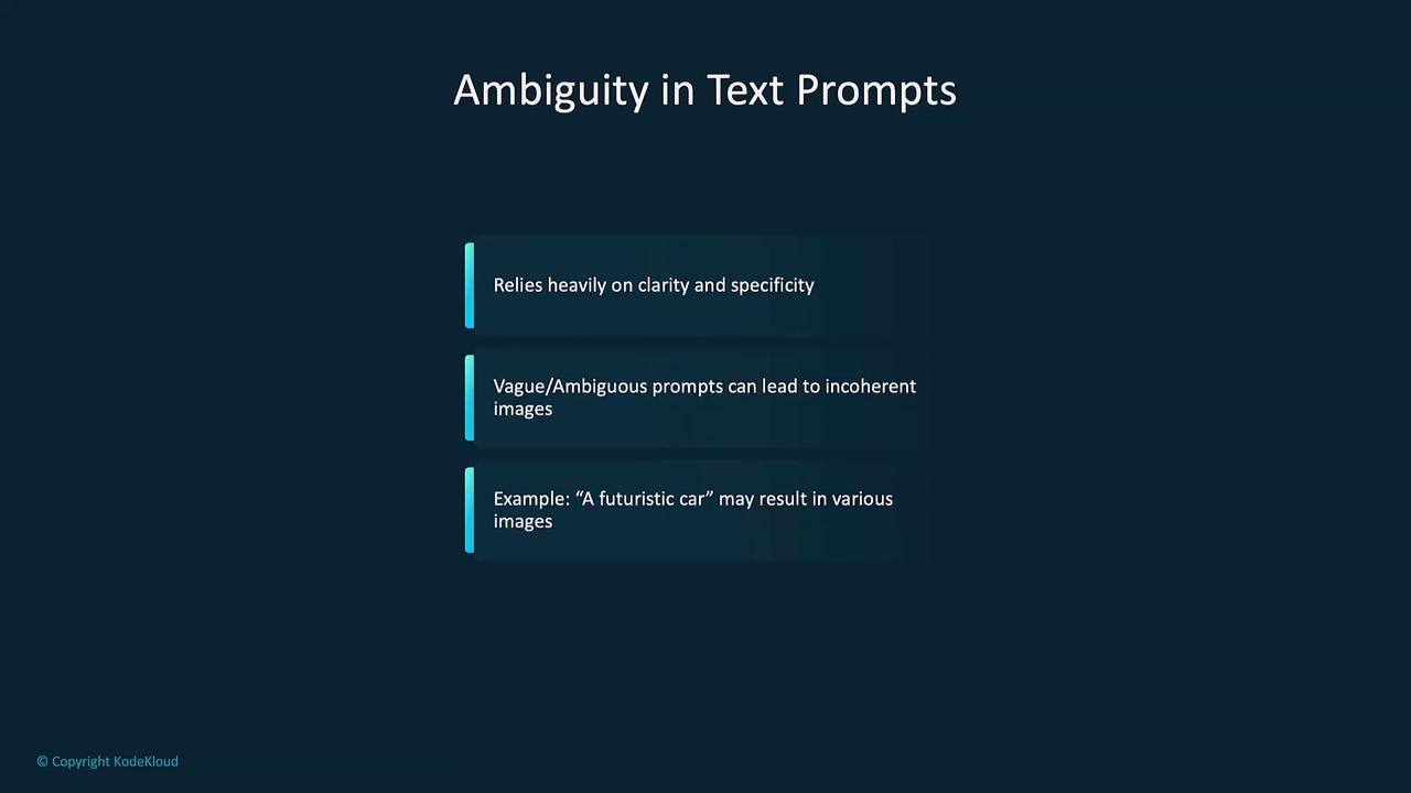 The image discusses the importance of clarity in text prompts, highlighting that vague prompts can lead to incoherent images, with an example of "a futuristic car" resulting in various interpretations.