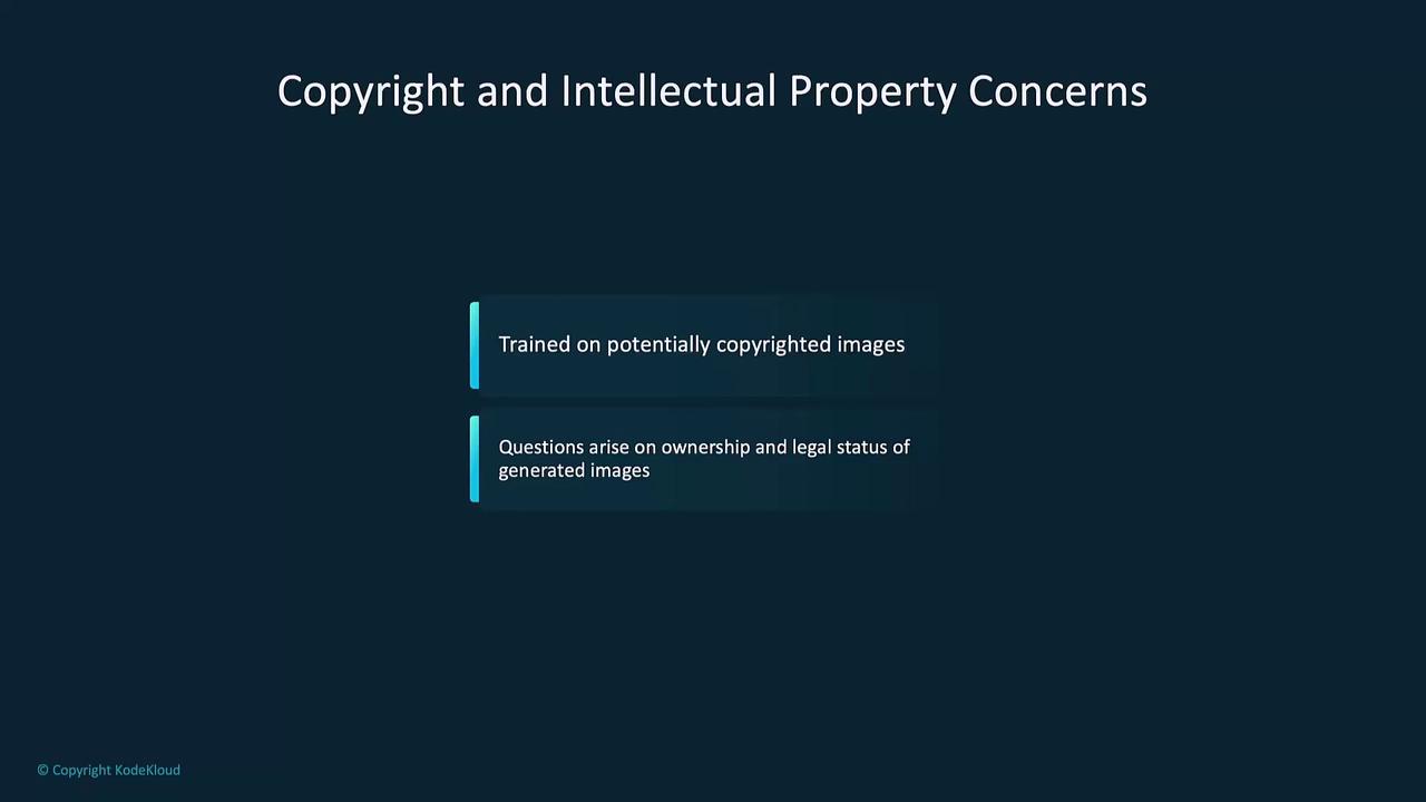 The image is a slide titled "Copyright and Intellectual Property Concerns," highlighting issues related to training on potentially copyrighted images and questions about ownership and legal status of generated images.