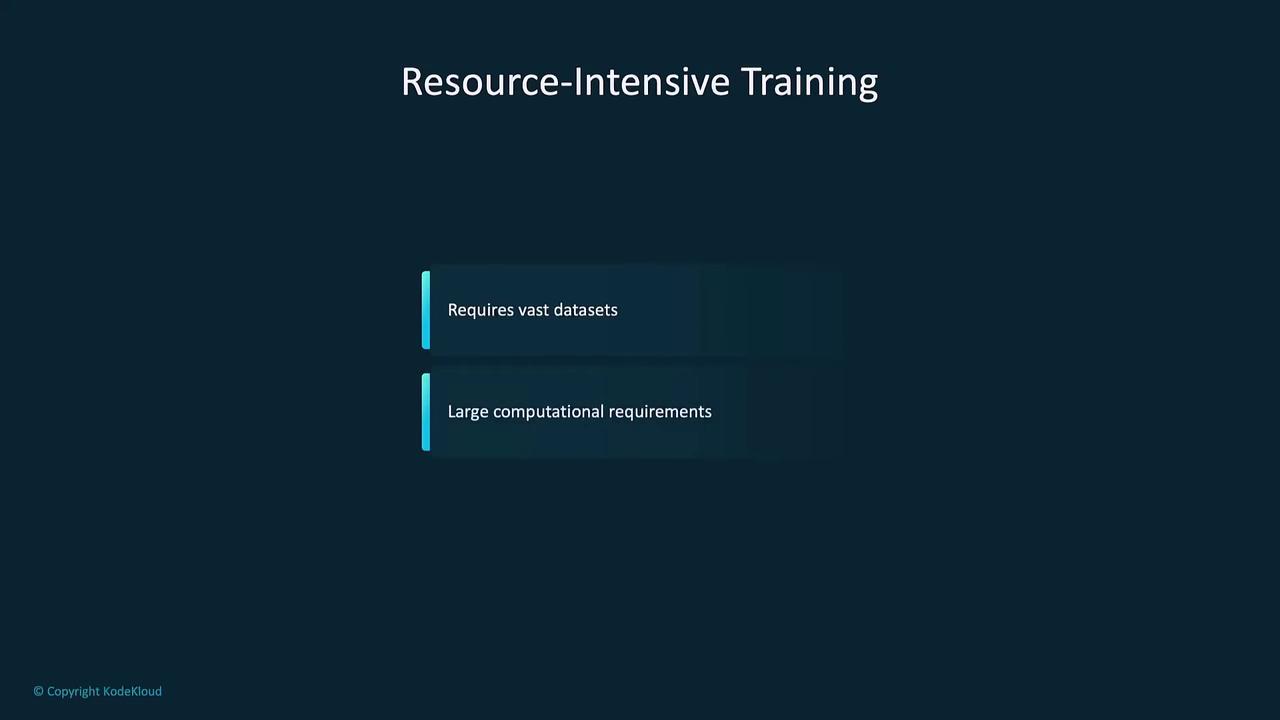 The image is a slide titled "Resource-Intensive Training," highlighting the need for vast datasets and large computational requirements.
