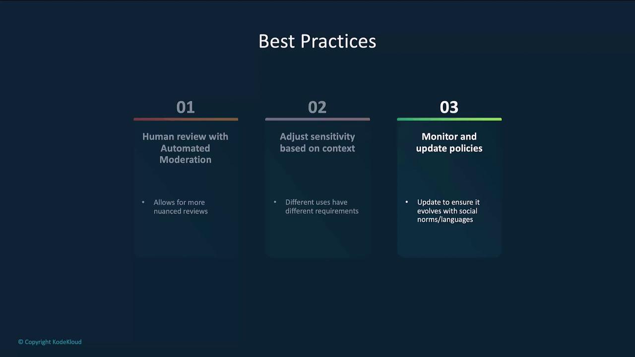 The image outlines three best practices: human review with automated moderation, adjusting sensitivity based on context, and monitoring and updating policies.