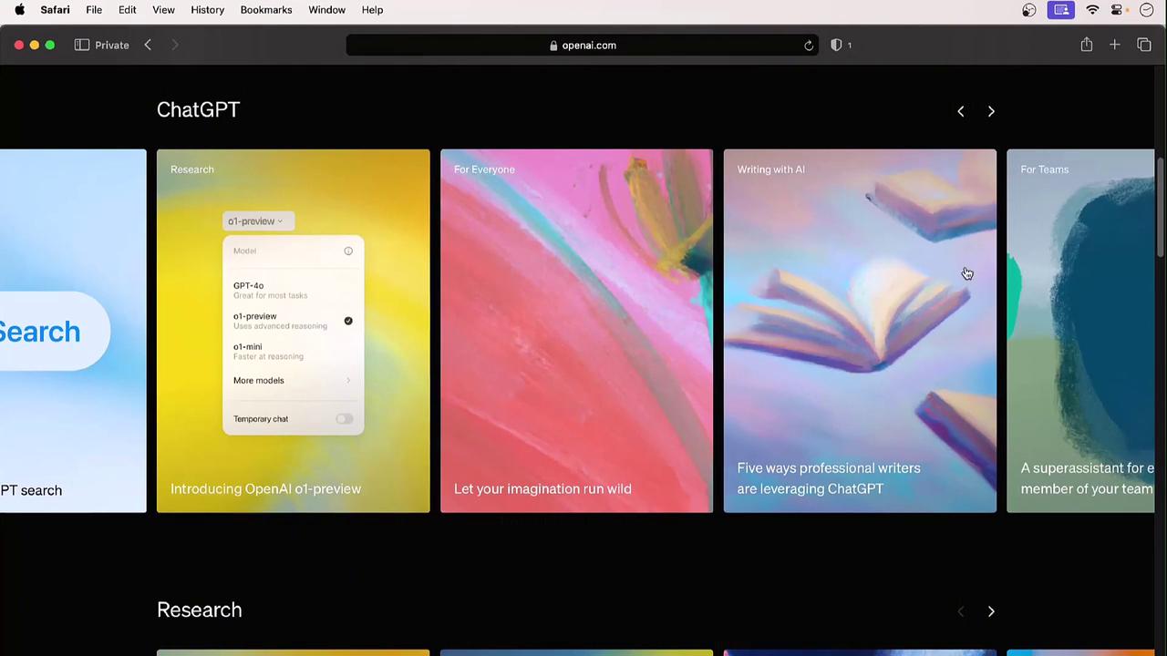 The image shows a webpage with a selection of colorful cards related to ChatGPT, featuring options for different models and articles about using AI for writing and research.