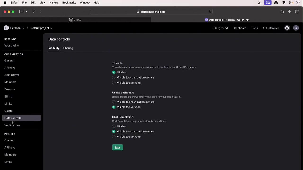 The image shows a screenshot of the "Data controls" settings page on the OpenAI platform, with options for visibility settings for threads, usage dashboard, and chat completions. The interface is displayed in a dark theme.