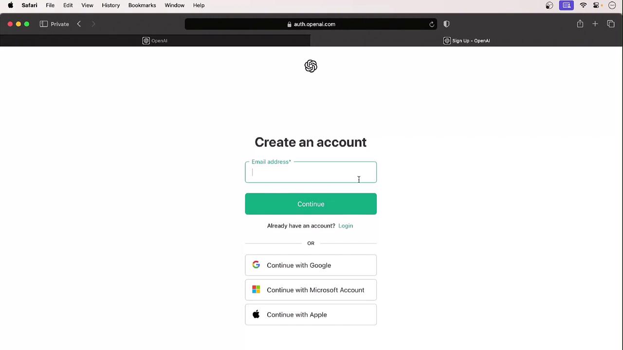 The image shows a web page for creating an account on OpenAI, with options to sign up using an email address, Google, Microsoft, or Apple accounts.
