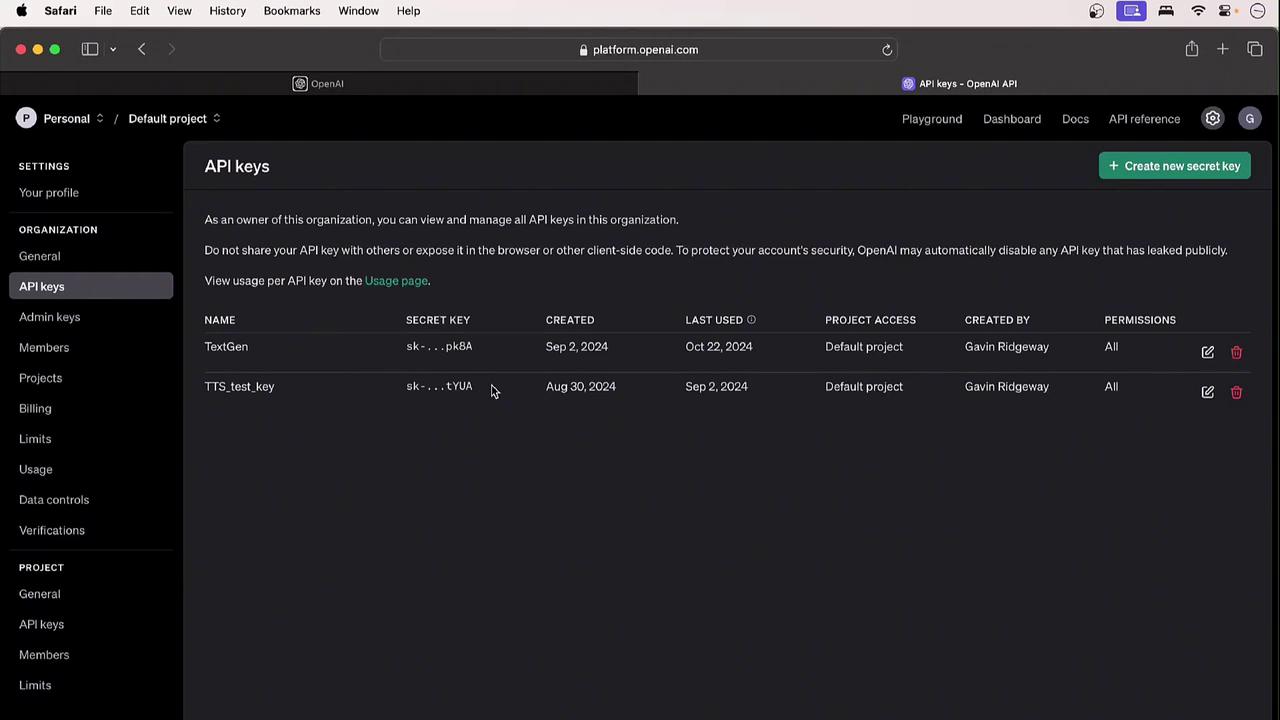 The image shows a webpage displaying a list of API keys for an organization on the OpenAI platform, including details like name, secret key, creation date, last used date, project access, creator, and permissions.