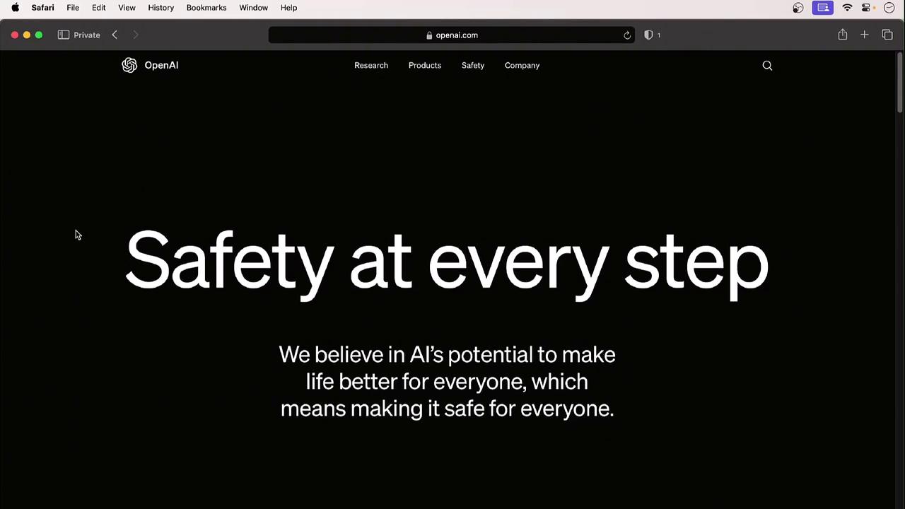 The image shows a webpage from OpenAI with the text "Safety at every step" and a statement about AI's potential to improve life while ensuring safety.
