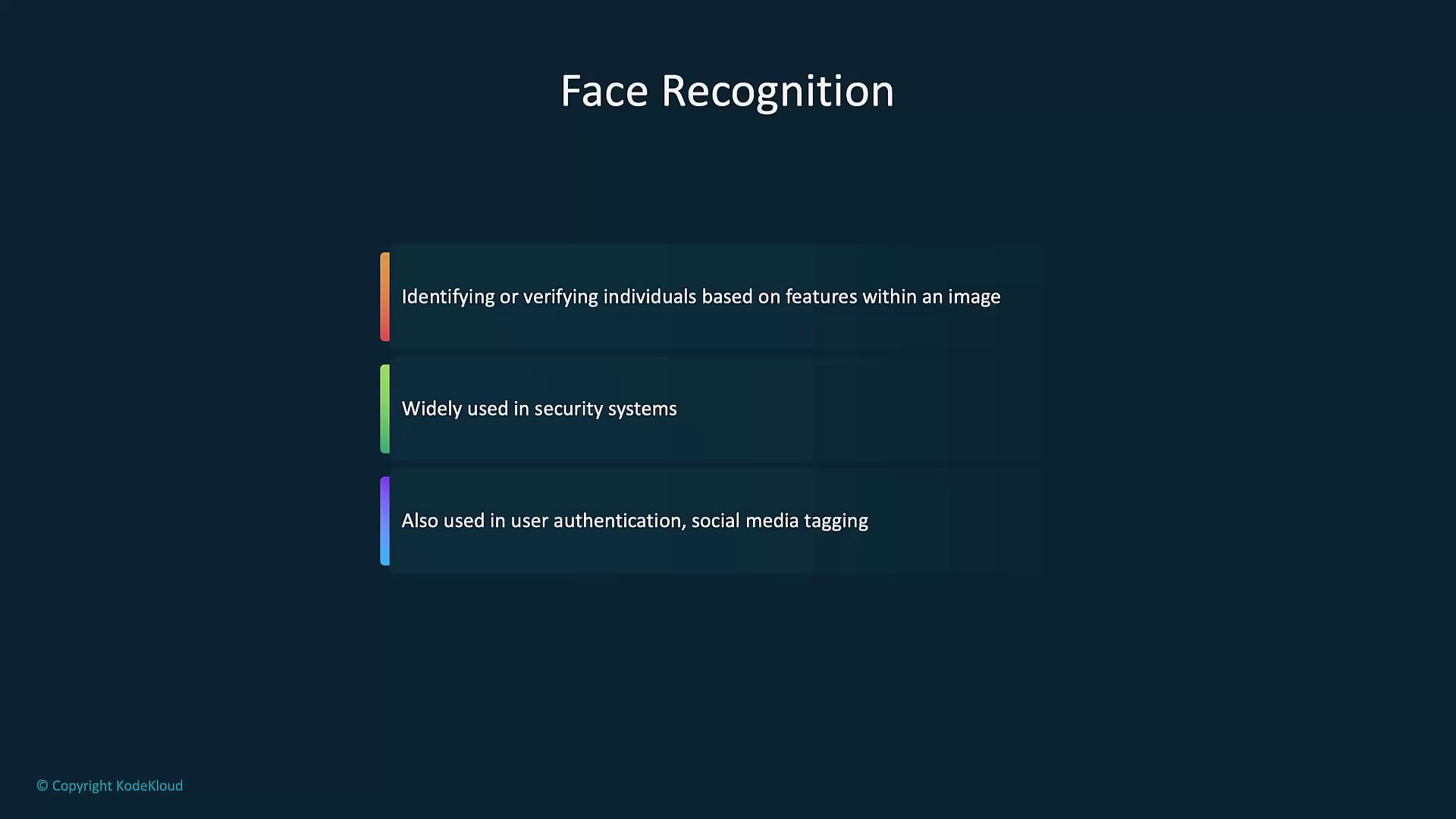 The image is a slide about face recognition, highlighting its use in identifying individuals, security systems, and user authentication.