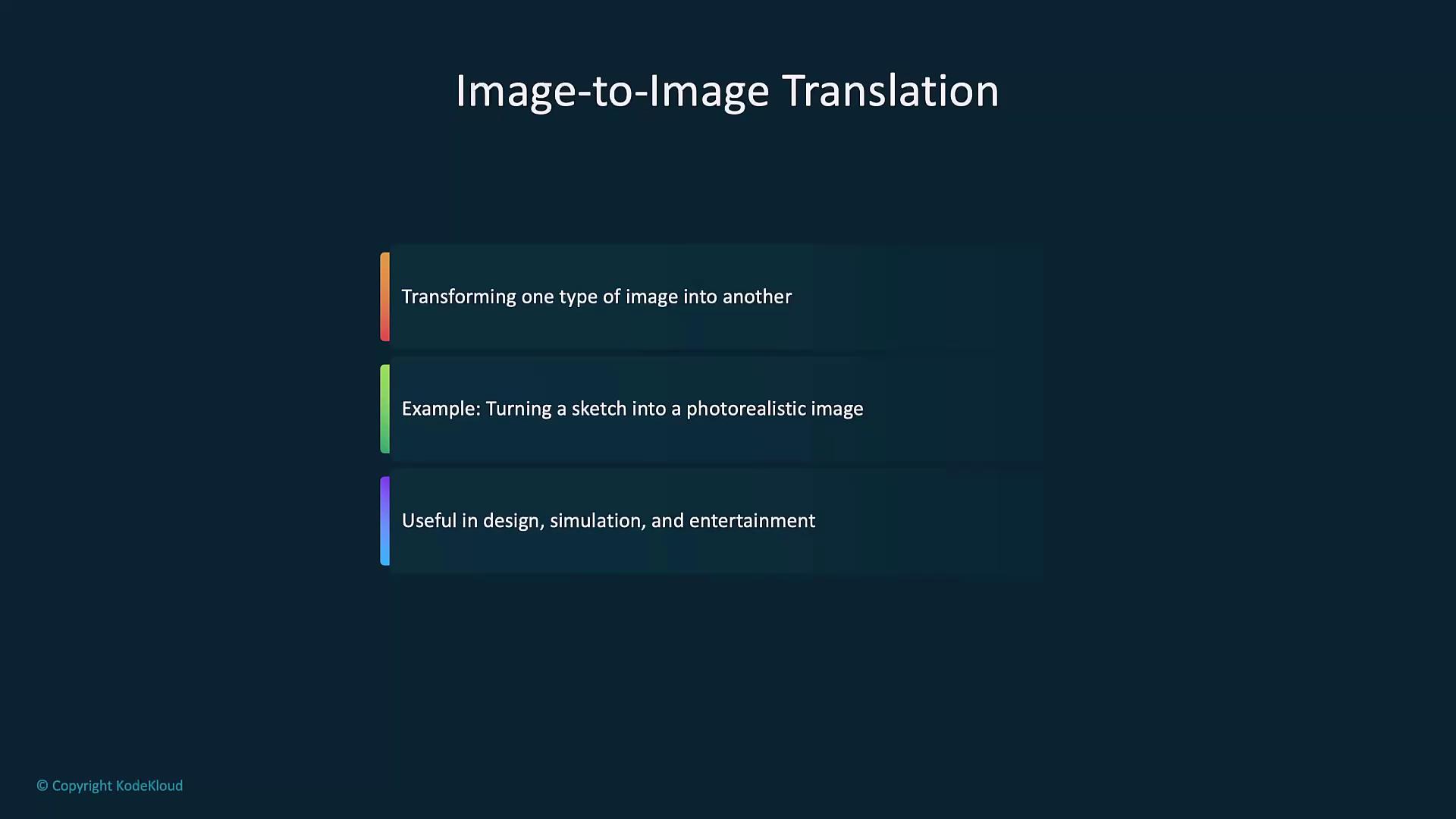 The image is a slide titled "Image-to-Image Translation," describing the process of transforming one type of image into another, such as turning a sketch into a photorealistic image, and its usefulness in design, simulation, and entertainment.