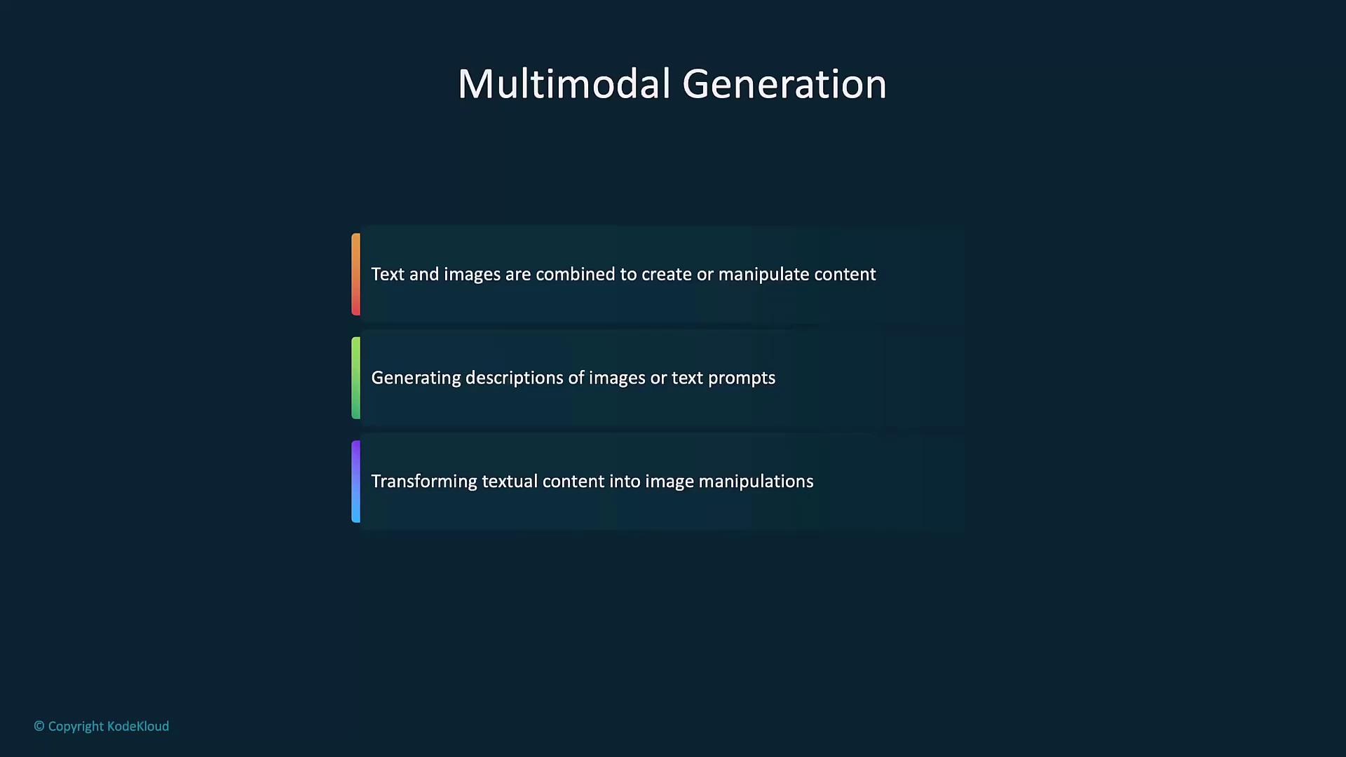 The image is a slide titled "Multimodal Generation," describing how text and images are combined to create or manipulate content, generate descriptions, and transform textual content into image manipulations.