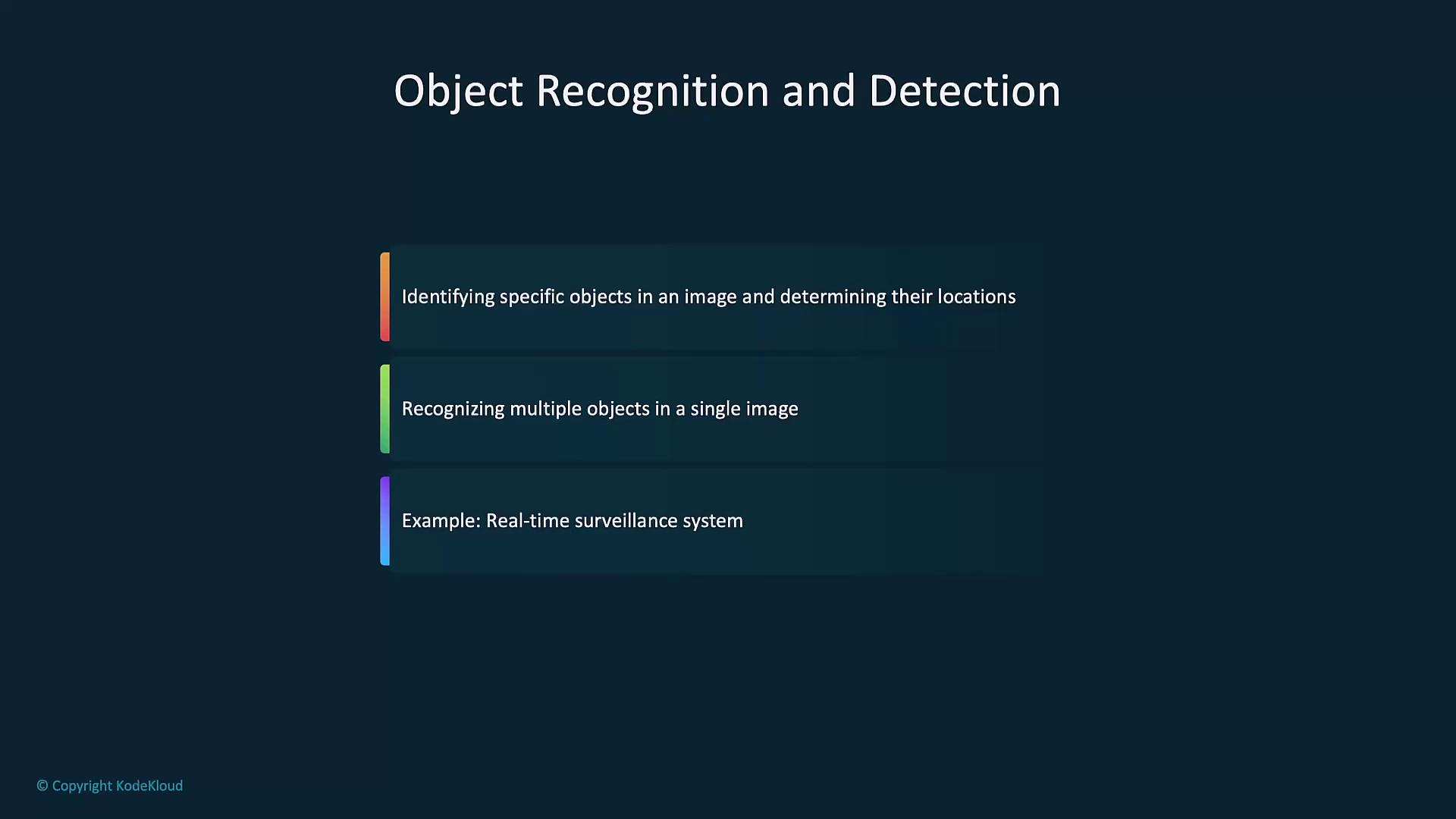 The image is a slide titled "Object Recognition and Detection," describing the identification of specific objects, recognizing multiple objects, and providing an example of a real-time surveillance system.