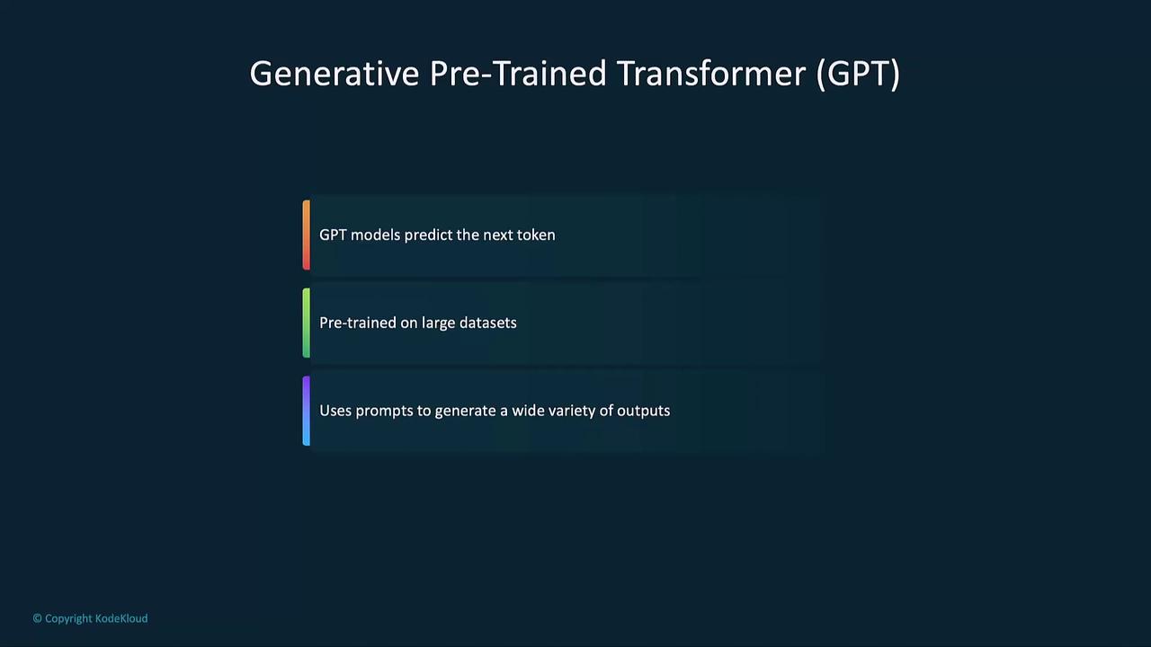 The image is a slide titled "Generative Pre-Trained Transformer (GPT)" and lists three features: predicting the next token, pre-training on large datasets, and using prompts to generate various outputs.