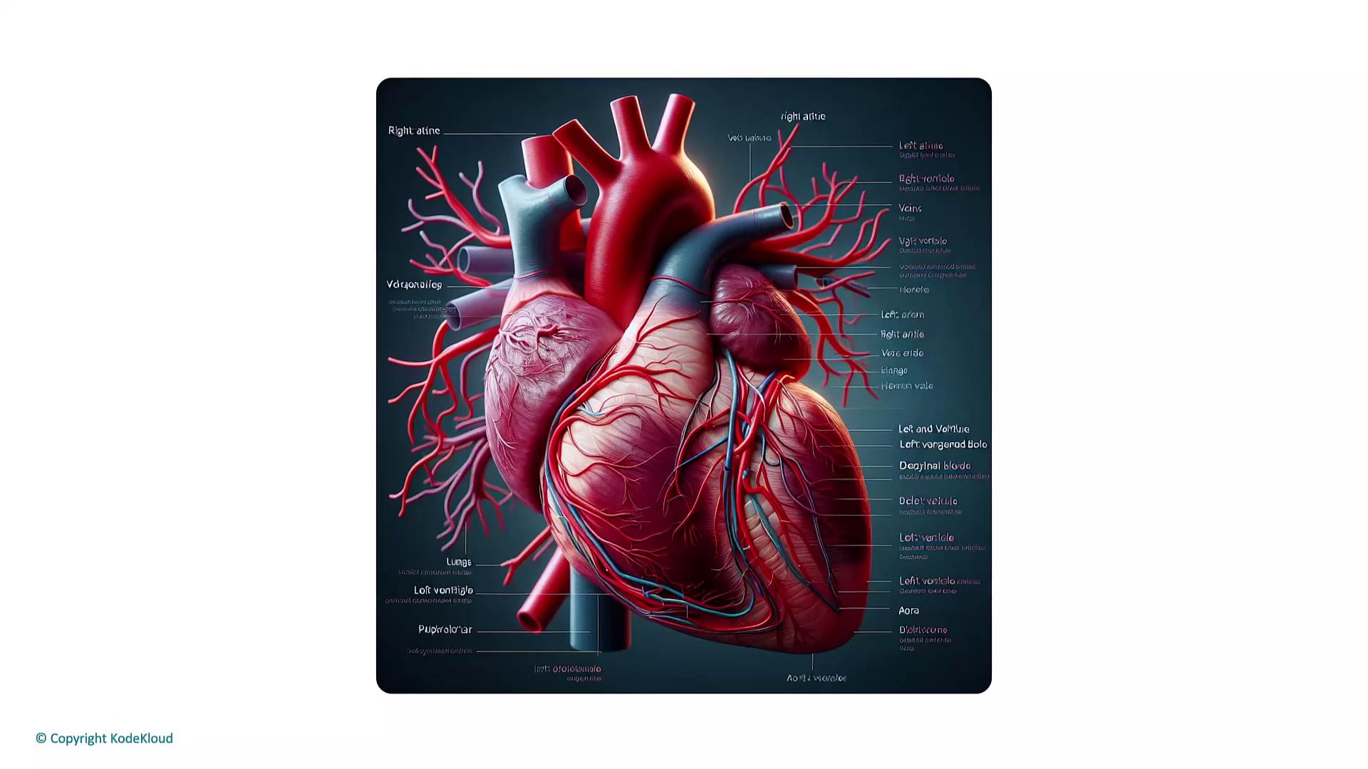 The image is a detailed anatomical illustration of the human heart, showing various labeled parts and blood vessels.