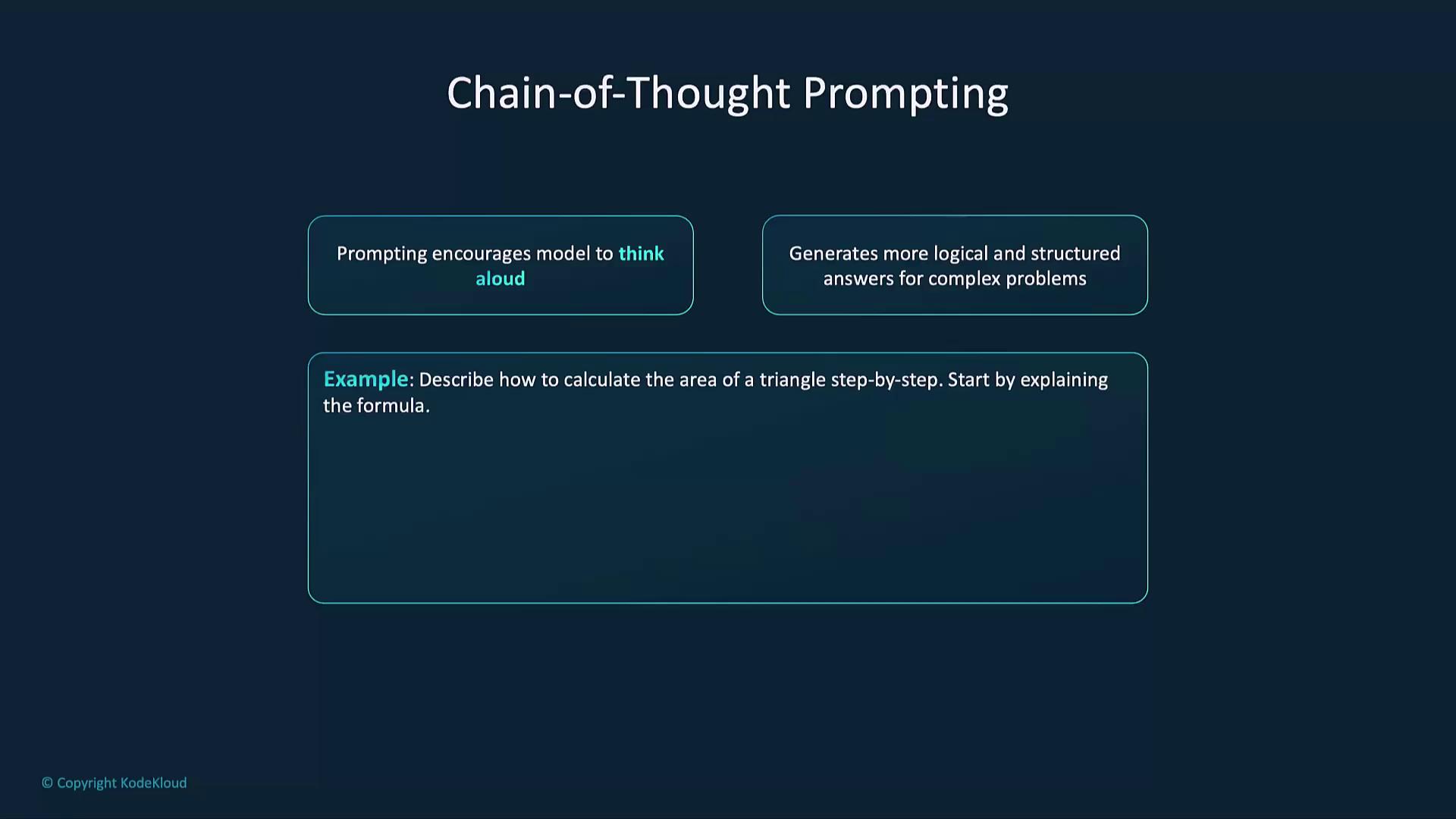 The image is about "Chain-of-Thought Prompting," highlighting its benefits in encouraging models to think aloud and generate logical answers, with an example related to calculating the area of a triangle.