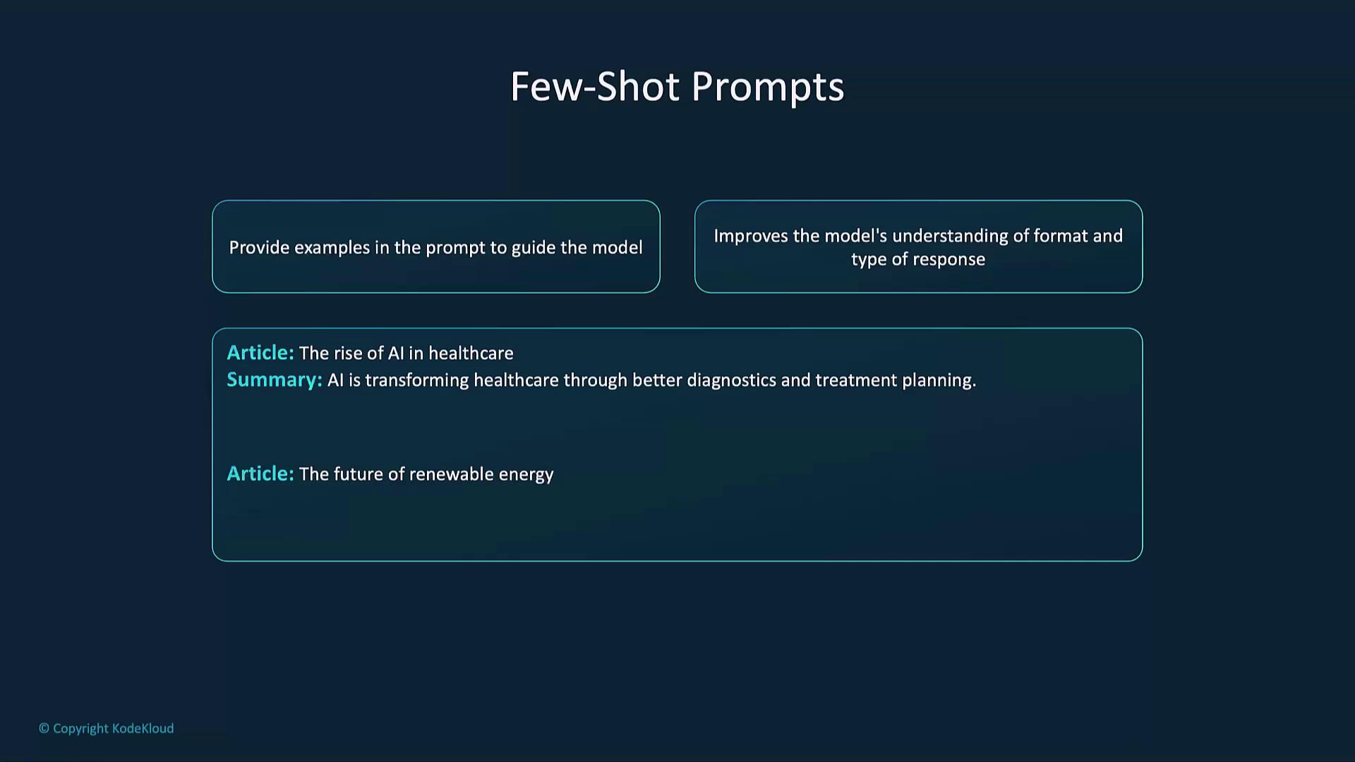 The image explains "Few-Shot Prompts," showing how providing examples in prompts can guide a model's understanding, with examples related to AI in healthcare and renewable energy.