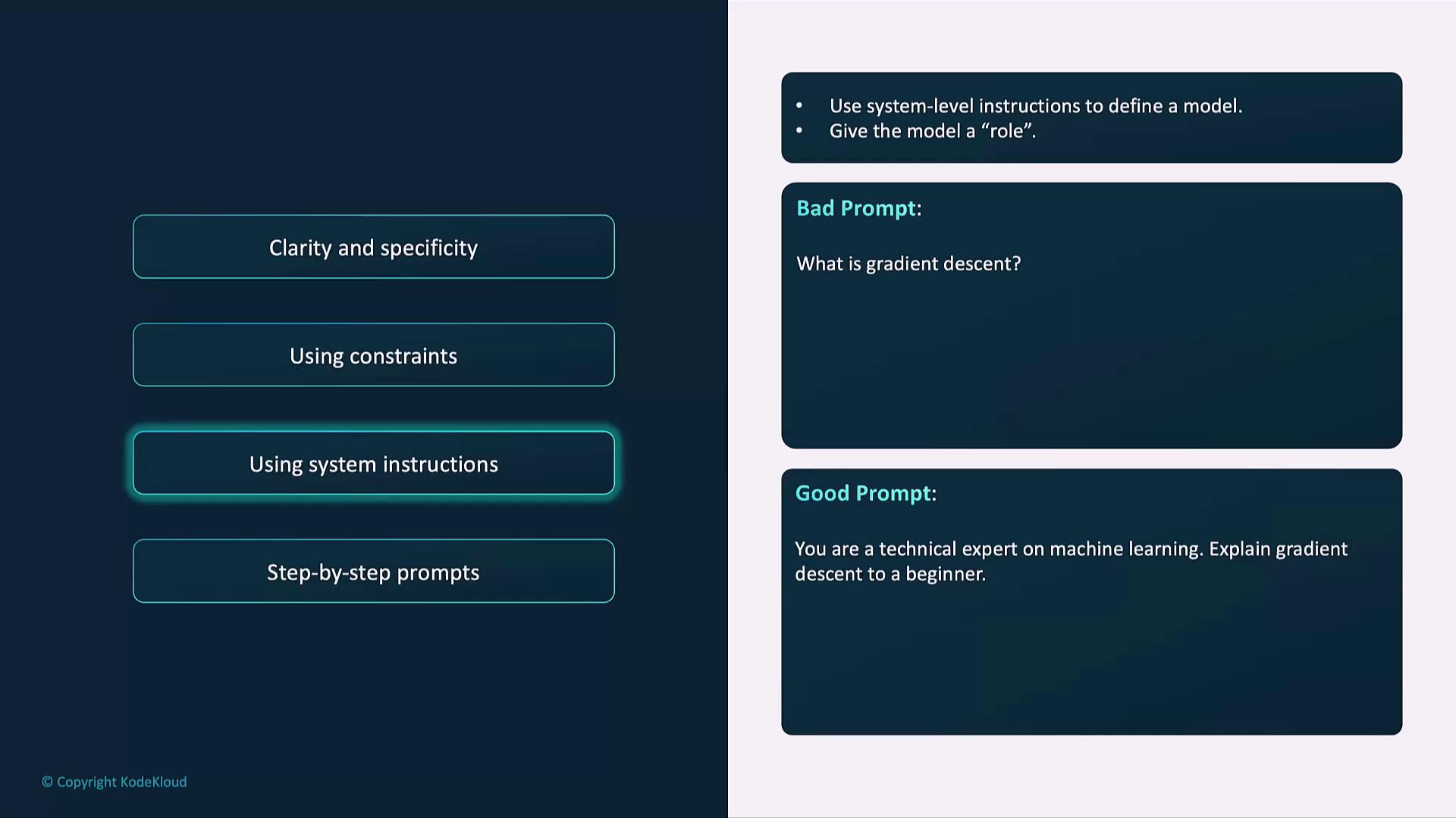 The image provides guidance on using system instructions for defining a model's role, contrasting a bad prompt with a good prompt for explaining gradient descent.