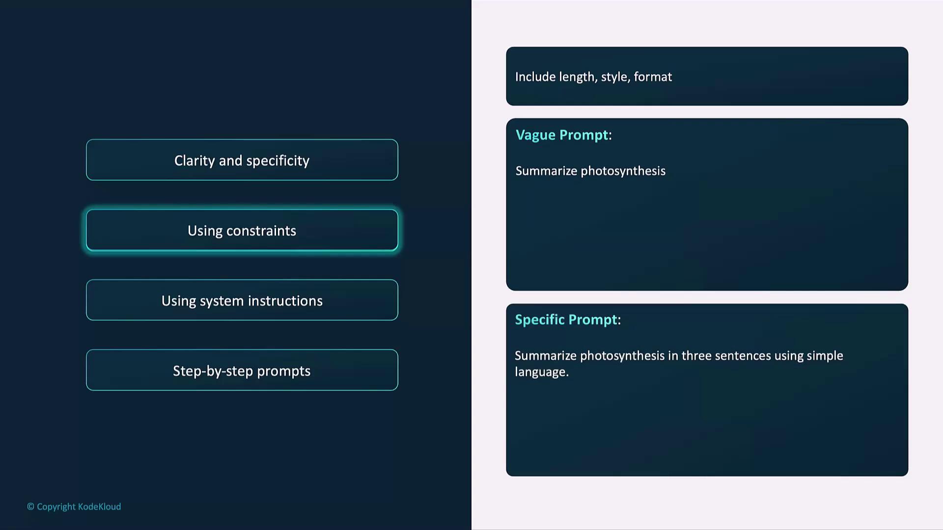 The image shows a comparison between vague and specific prompts for summarizing photosynthesis, highlighting the importance of clarity and specificity in instructions.
