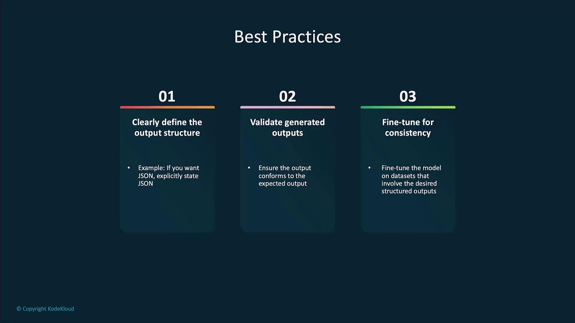 The image outlines three best practices: clearly defining the output structure, validating generated outputs, and fine-tuning for consistency.