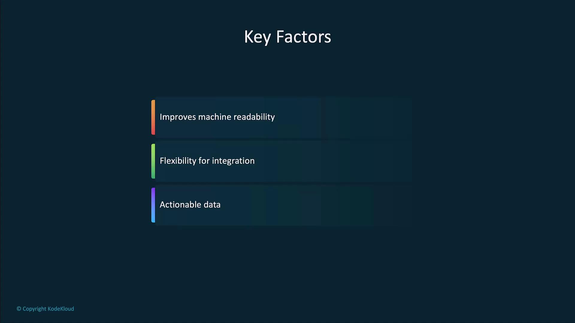 The image lists three key factors: improving machine readability, flexibility for integration, and actionable data. It has a dark background with colored bars next to each factor.