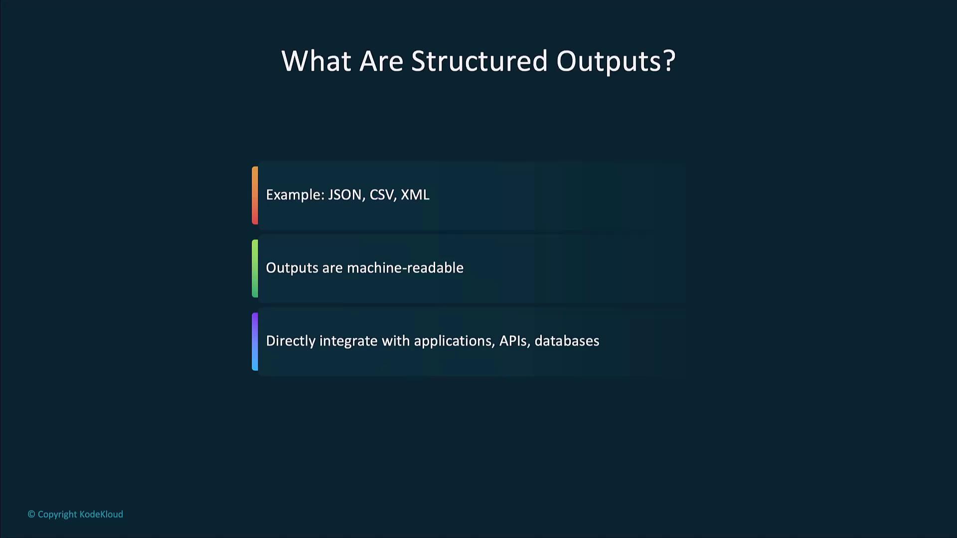 The image is a slide titled "What Are Structured Outputs?" It lists examples like JSON, CSV, XML, mentions that outputs are machine-readable, and can directly integrate with applications, APIs, and databases.