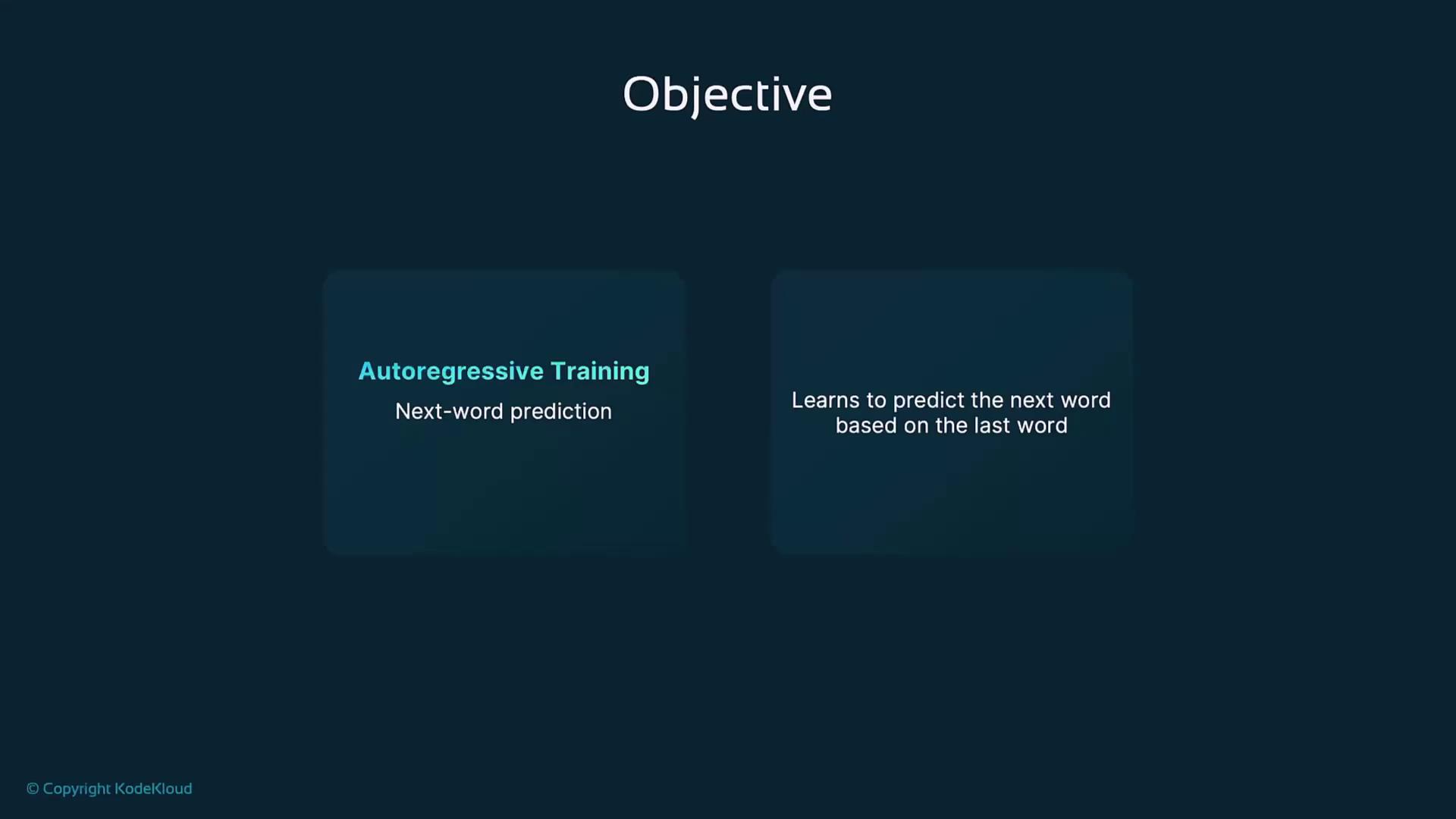 The image is a slide titled "Objective" that explains "Autoregressive Training" for next-word prediction, highlighting its function of predicting the next word based on the last word.
