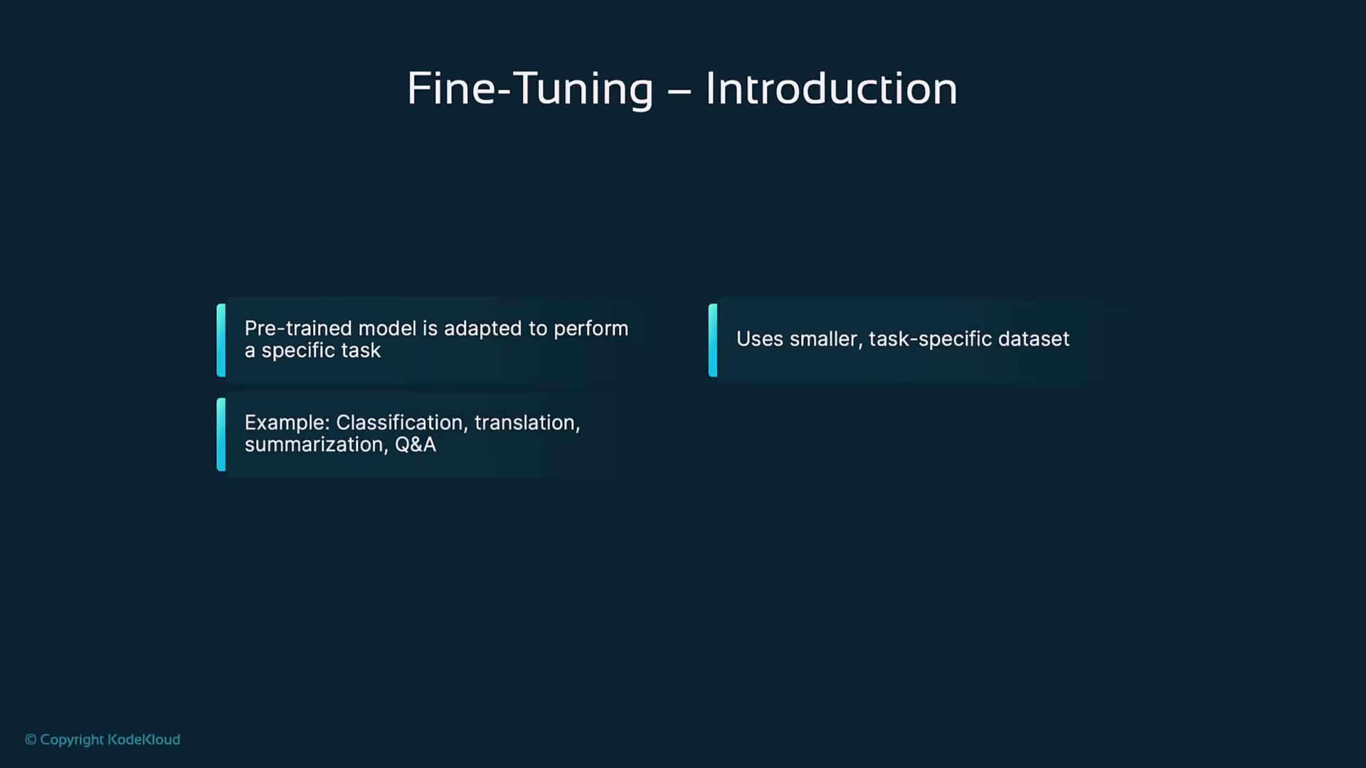 The image is an introduction to fine-tuning, explaining that a pre-trained model is adapted for specific tasks using smaller, task-specific datasets, with examples like classification and translation.