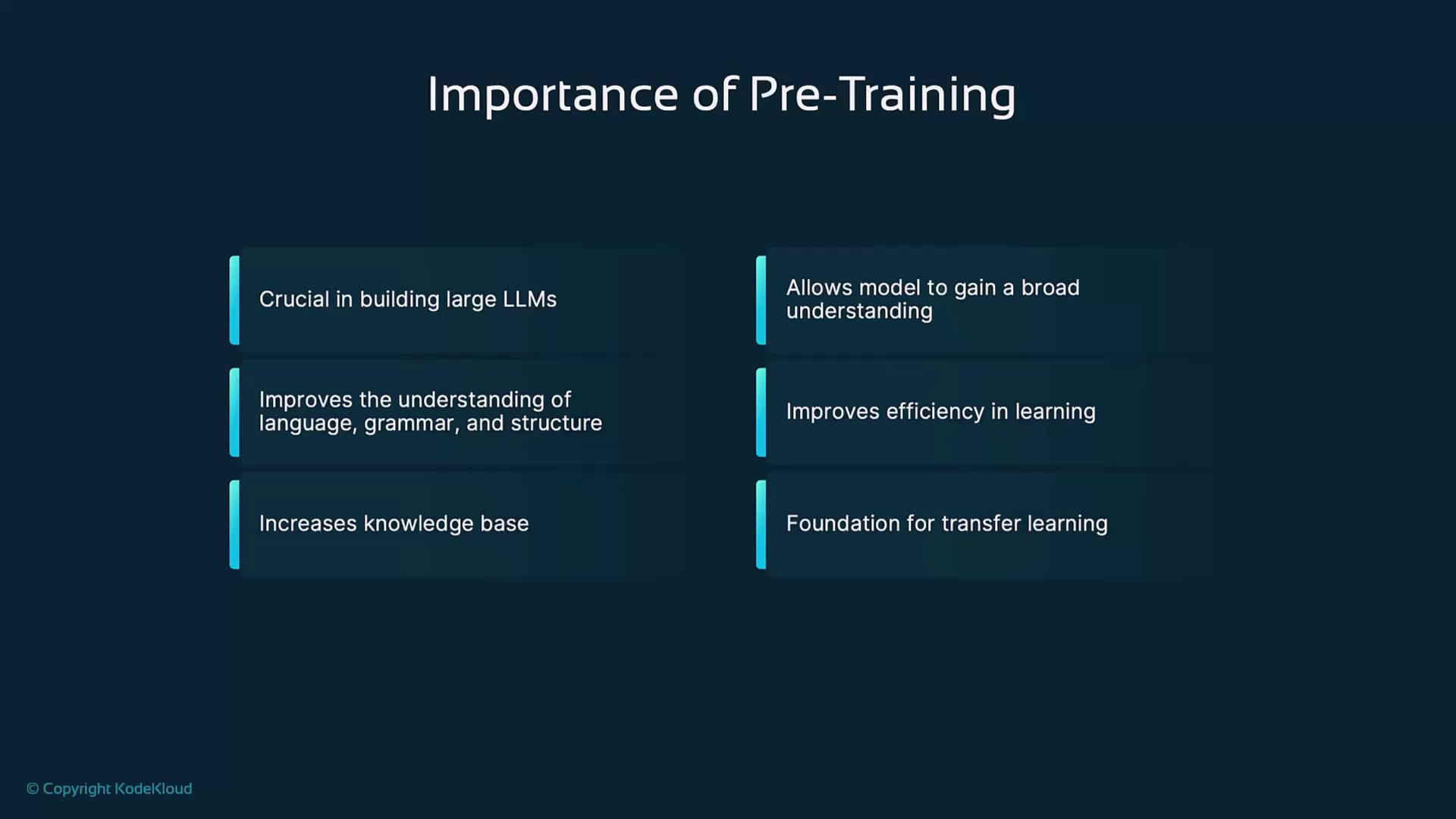 The image outlines the importance of pre-training in building large language models, highlighting benefits such as improved understanding, increased knowledge base, and efficiency in learning.