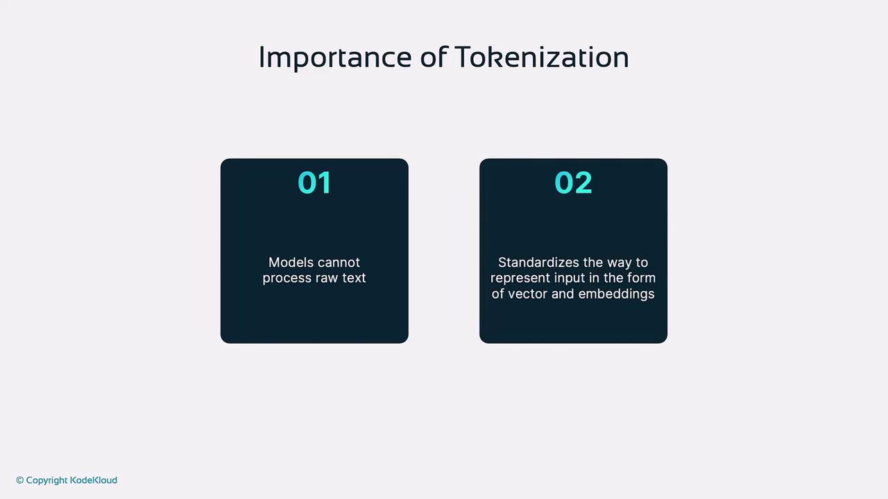 The image explains the importance of tokenization, highlighting that models cannot process raw text and that tokenization standardizes input representation as vectors and embeddings.