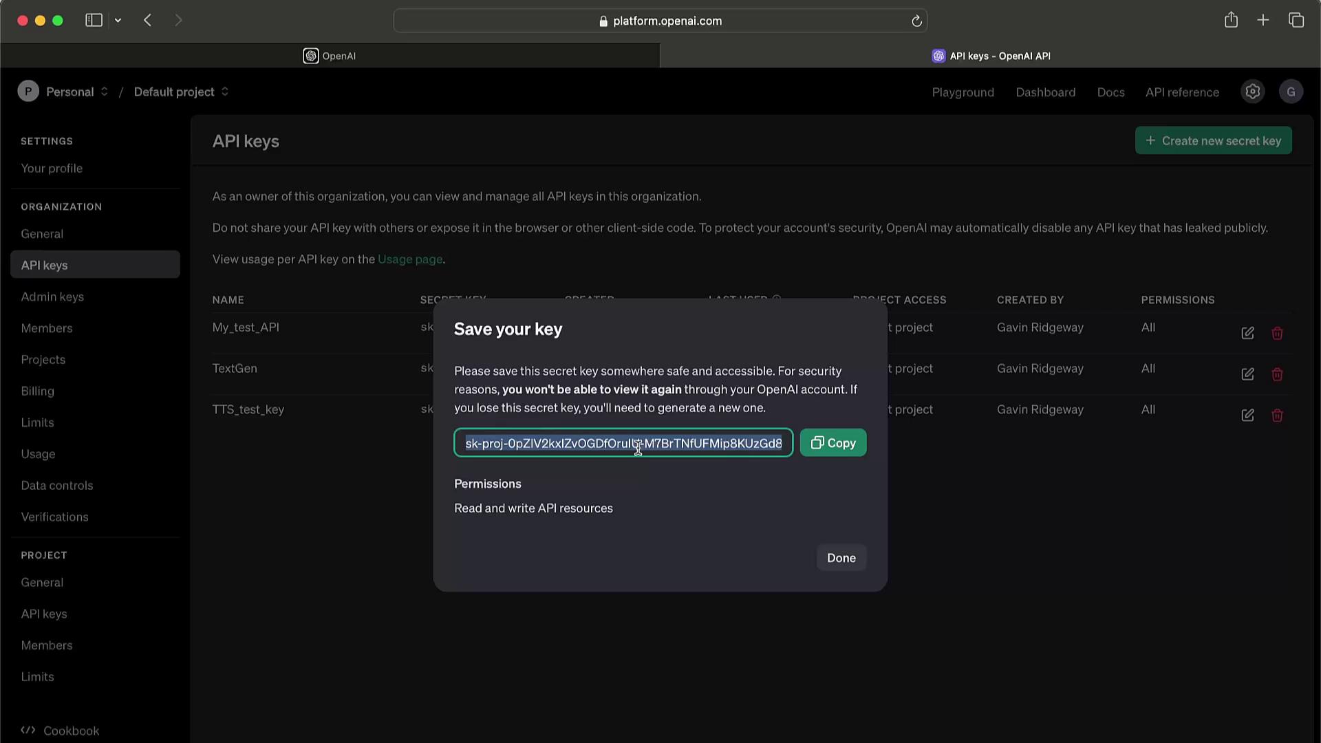 The image shows a webpage from the OpenAI platform displaying API keys, with a pop-up window prompting the user to save a newly generated secret key. The interface includes options to copy the key and view permissions.