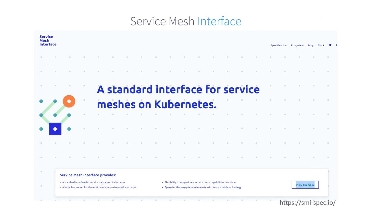 The image is a webpage screenshot for the Service Mesh Interface, highlighting it as a standard interface for service meshes on Kubernetes. It includes a brief description of its features and a link to view the specifications.