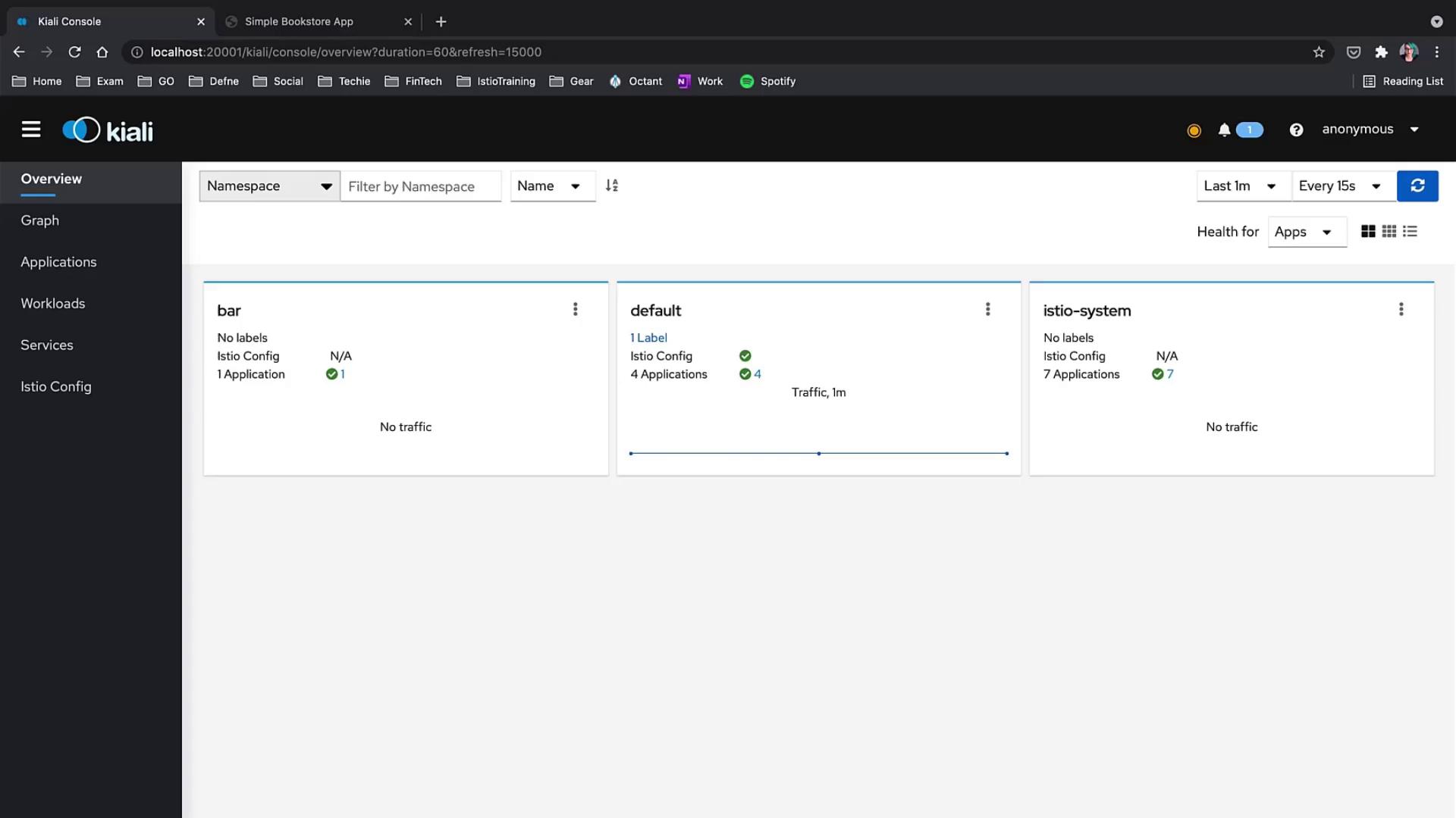 The image shows a Kiali Console dashboard displaying an overview of namespaces with details about applications, Istio configurations, and traffic status.