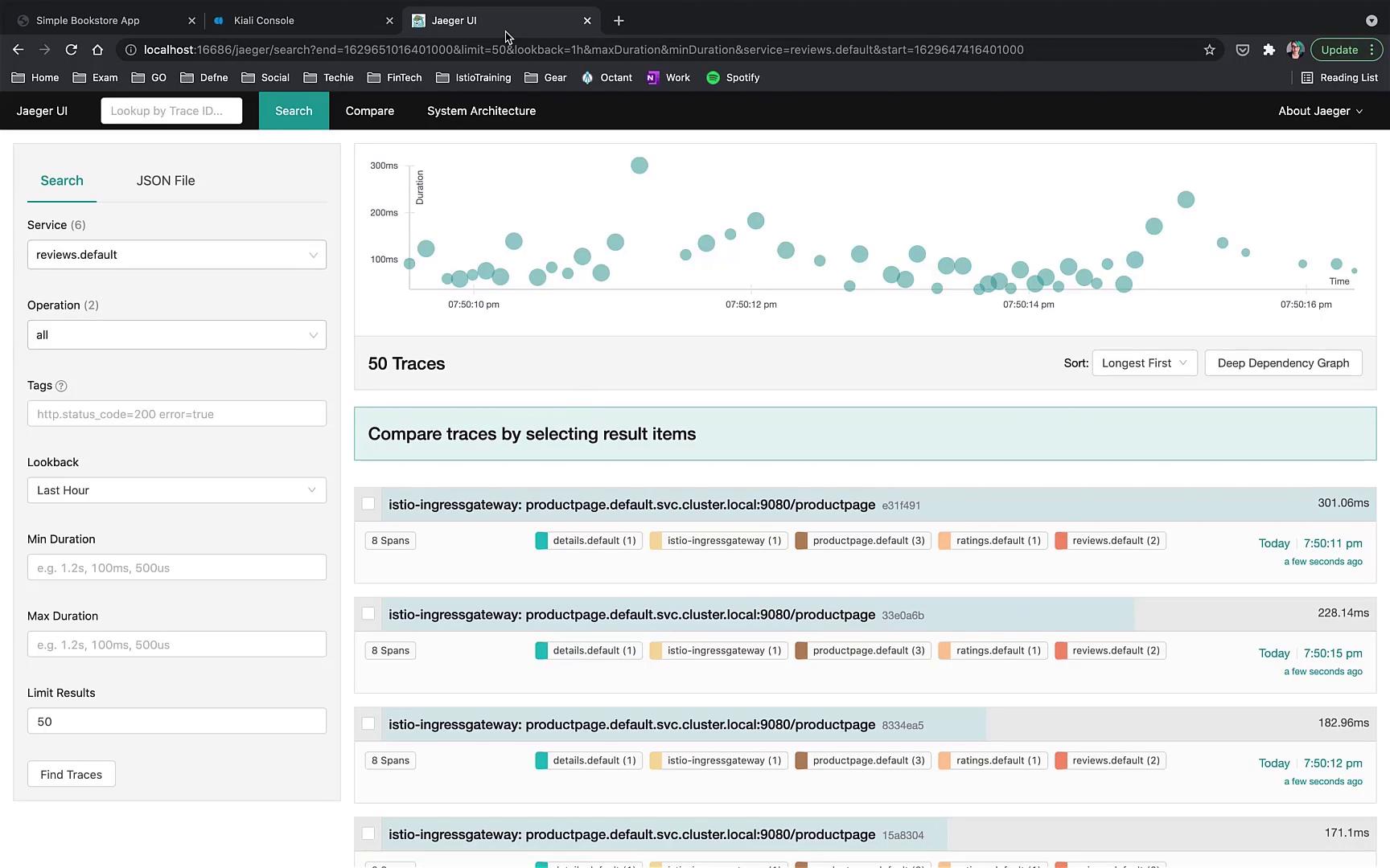 The image shows a Jaeger UI interface displaying trace data with a scatter plot graph and a list of traces for a service, including details like duration and spans.