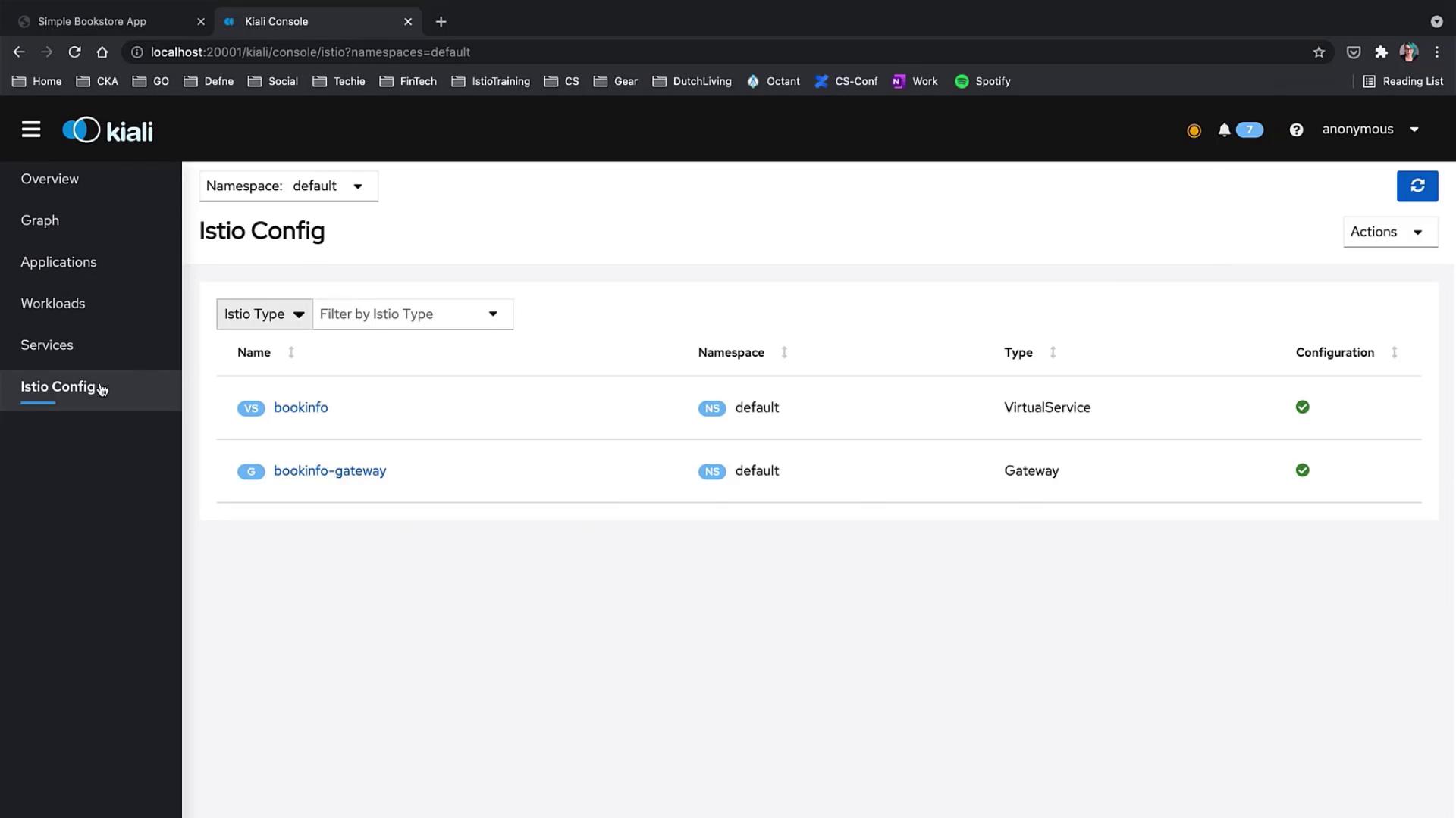 The image shows the Kiali console interface displaying Istio configuration details for the "default" namespace, listing a VirtualService and a Gateway.