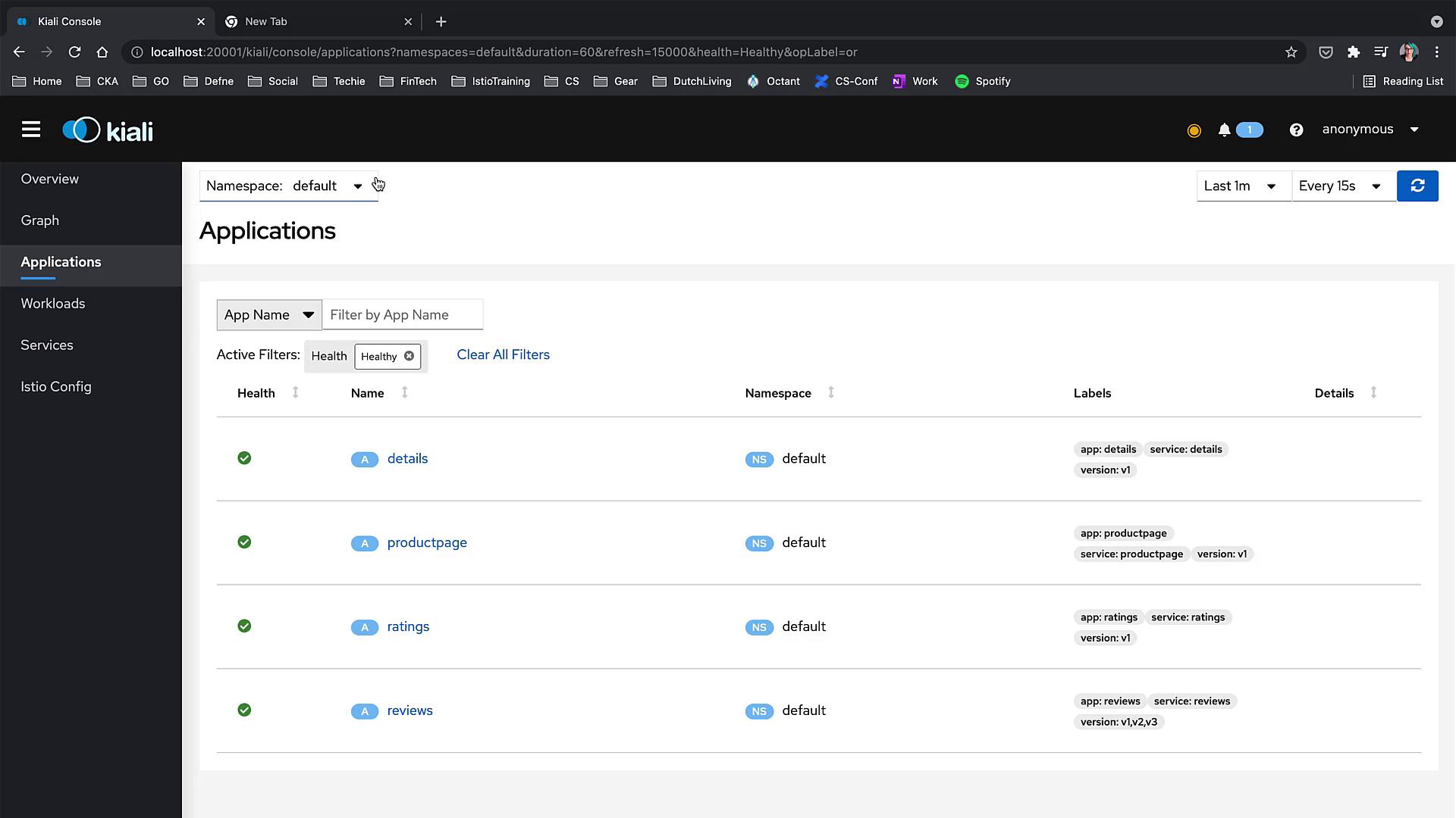 The image shows the Kiali Console interface displaying a list of applications within the "default" namespace, each with health status, labels, and details.