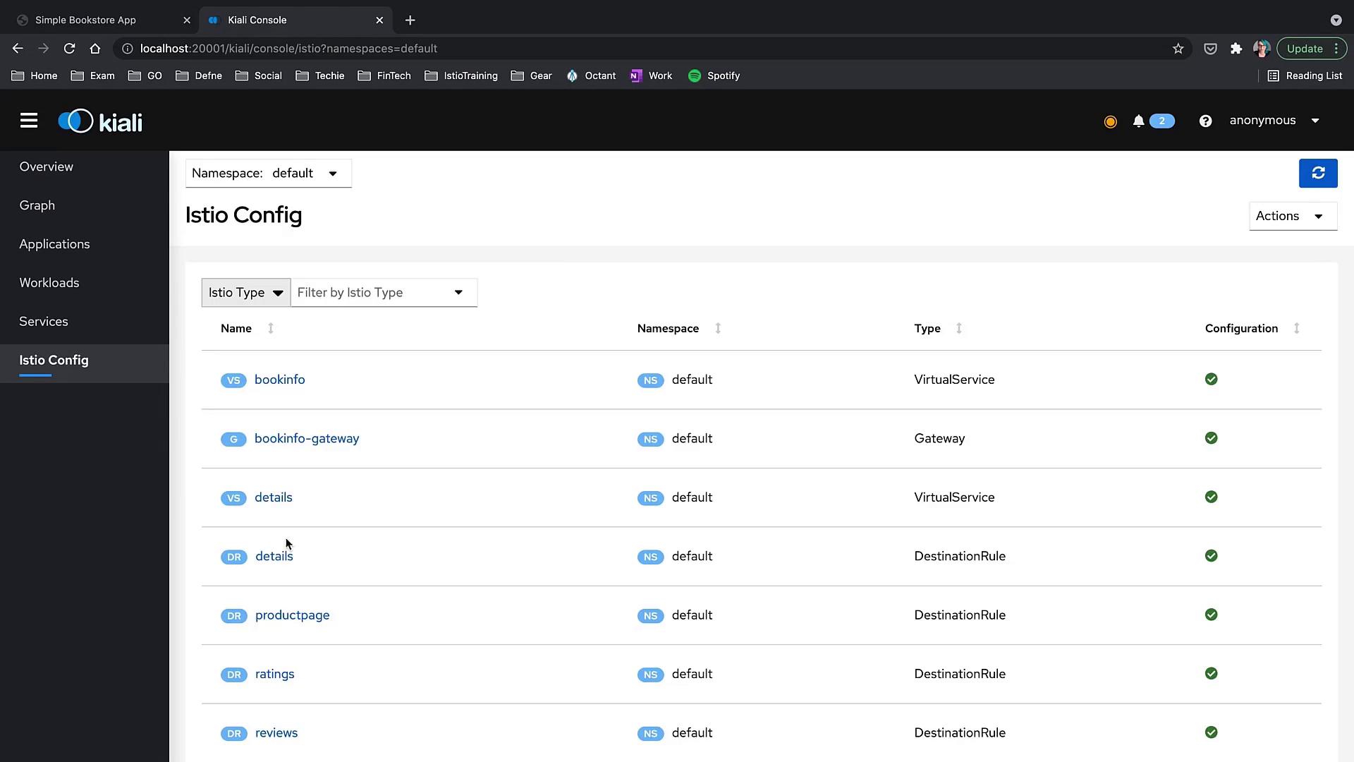The image shows the Kiali console interface displaying Istio configuration details, including various services and their types within the "default" namespace. The listed configurations include VirtualService, Gateway, and DestinationRule.