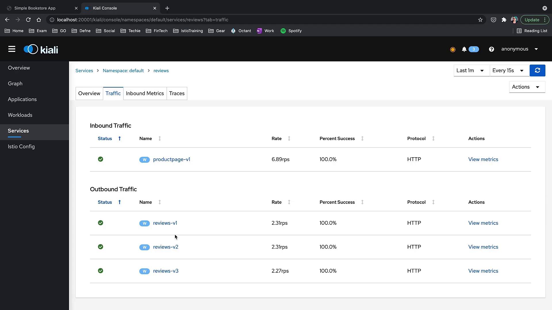 The image shows a Kiali Console interface displaying traffic metrics for a service named "reviews" in the "default" namespace. It includes inbound and outbound traffic details with rate, percent success, and protocol information.