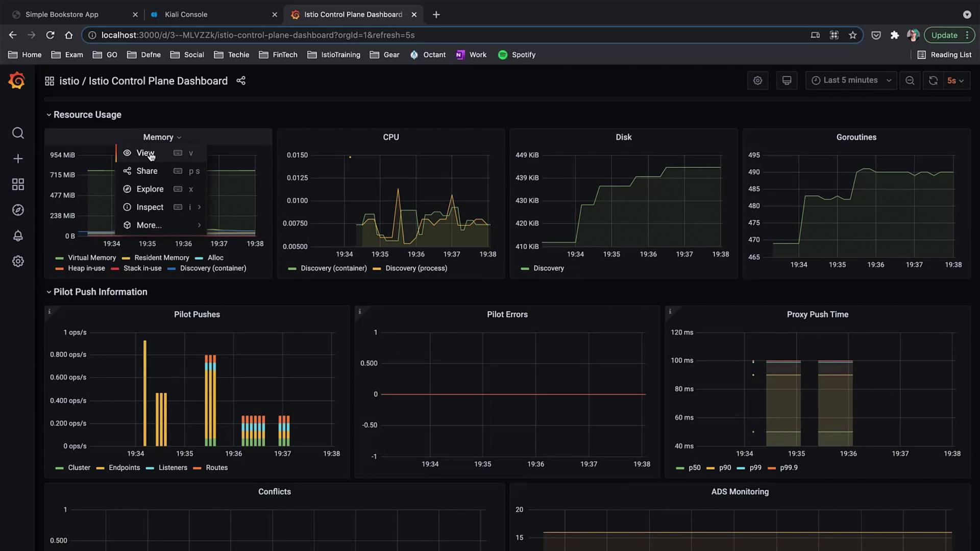 The image shows a dashboard from the Istio Control Plane, displaying various metrics such as memory, CPU, disk usage, goroutines, pilot push information, and proxy push time. The graphs provide real-time data visualization for monitoring system performance.