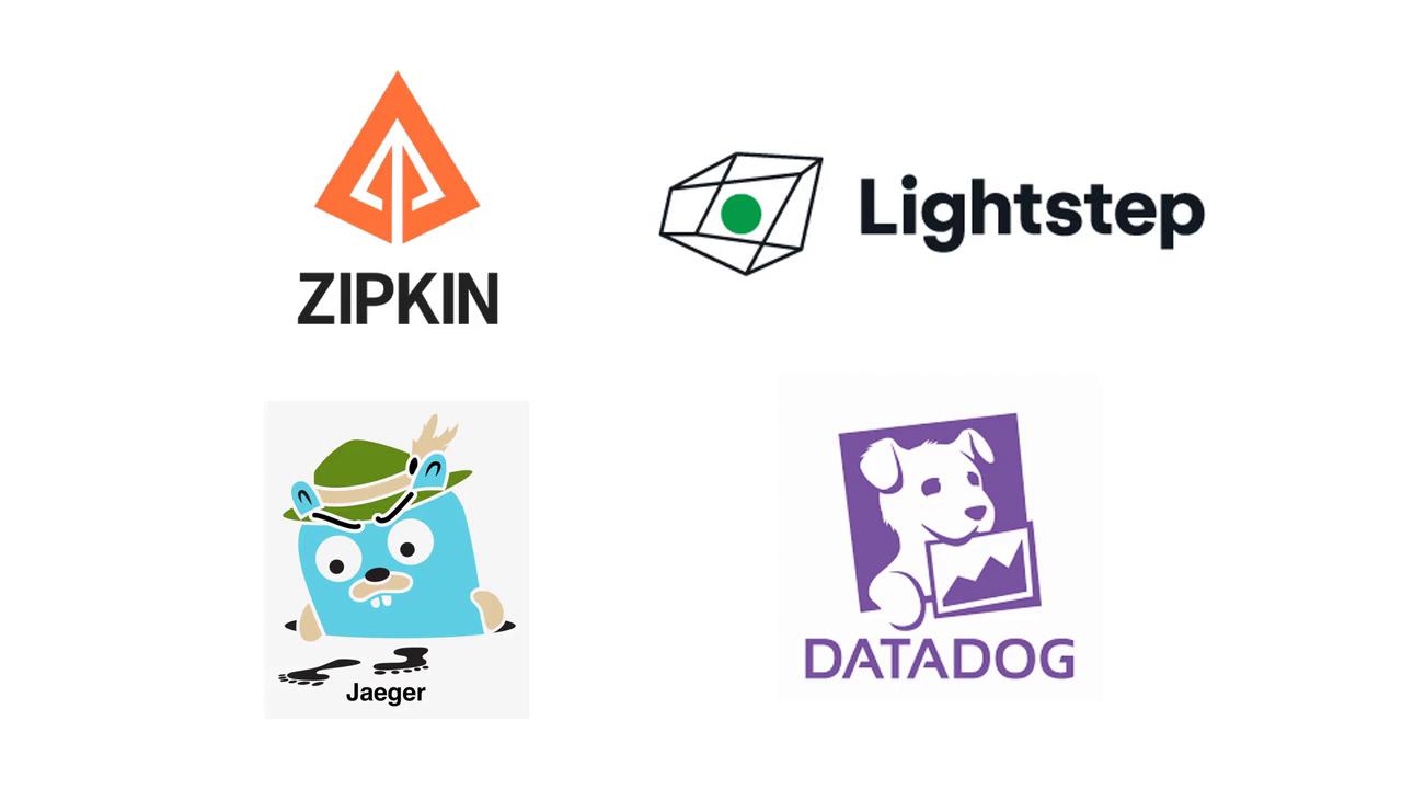 The image shows logos of four software tools: Zipkin, Lightstep, Jaeger, and Datadog. Each logo is distinct, featuring unique designs and colors.