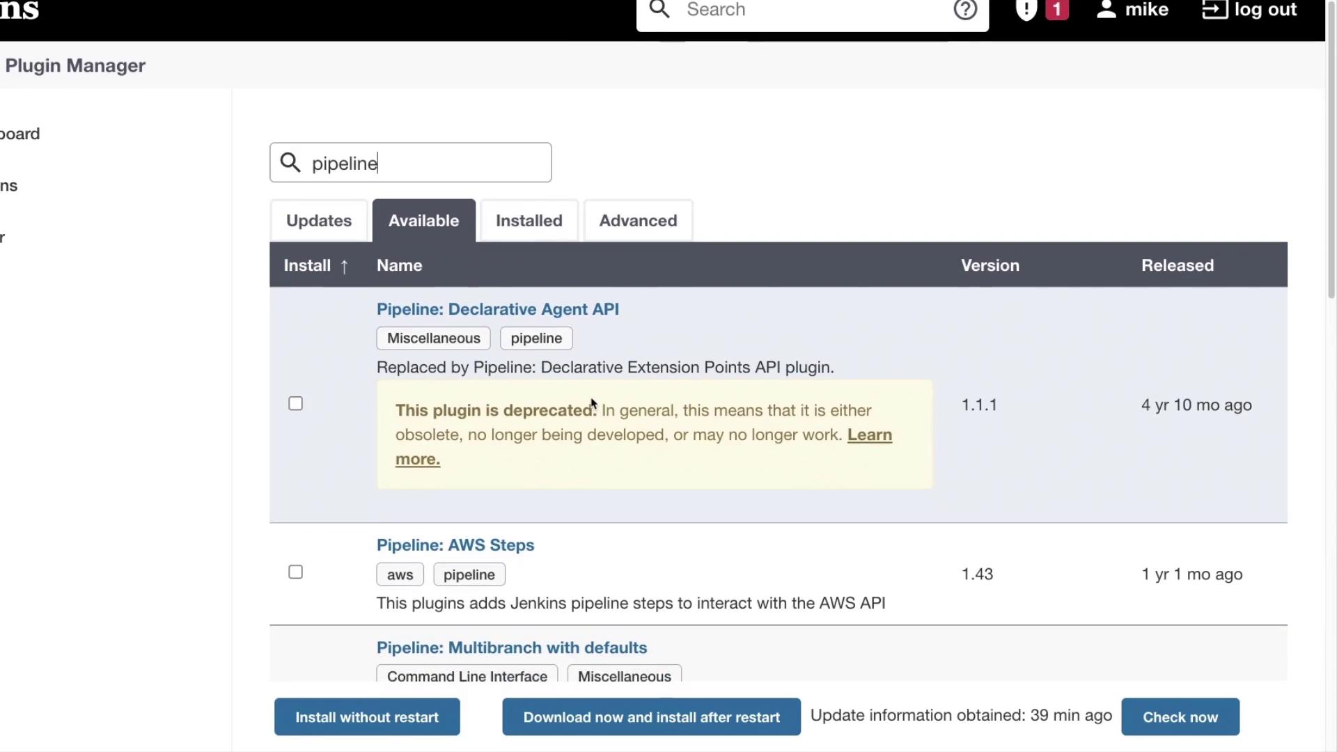 The image shows a Jenkins Plugin Manager interface, highlighting a deprecated "Pipeline: Declarative Agent API" plugin, with options to install or update plugins.