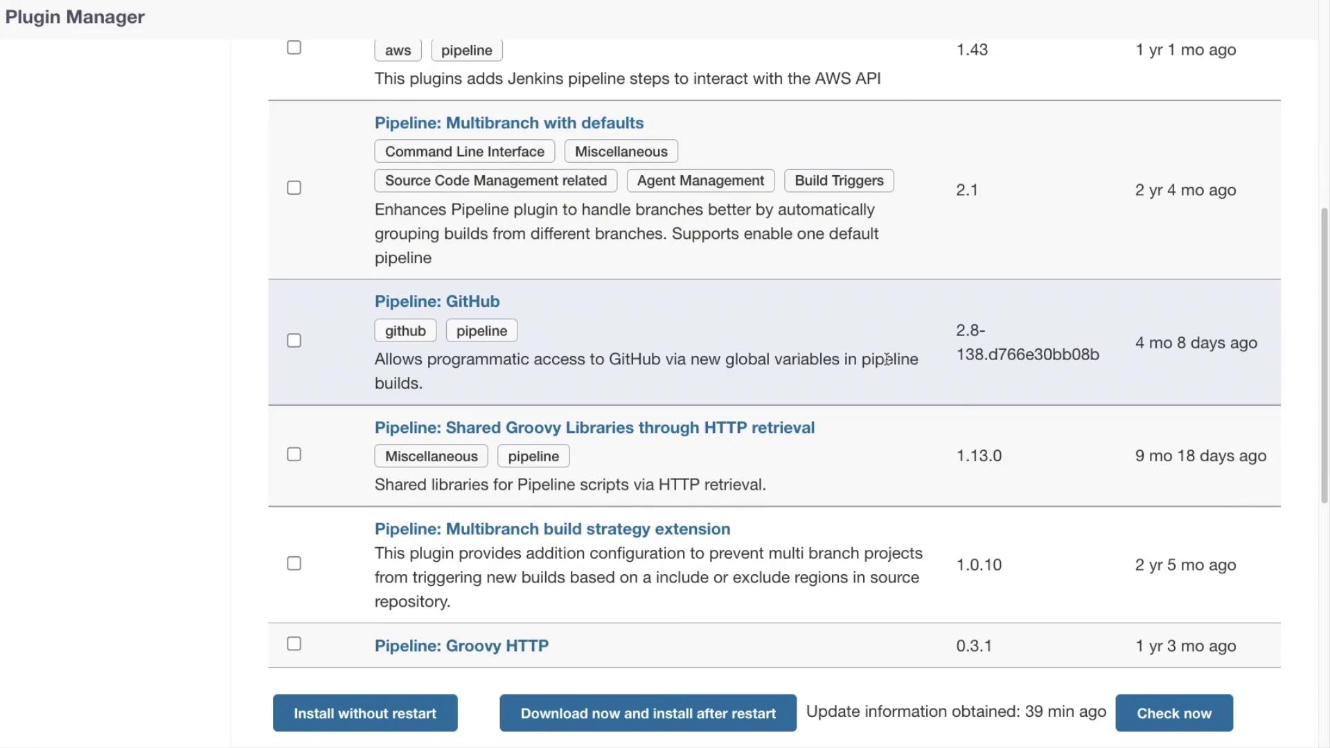 The image shows a Jenkins Plugin Manager interface listing various pipeline-related plugins, their descriptions, versions, and update information, with options to install or download them.