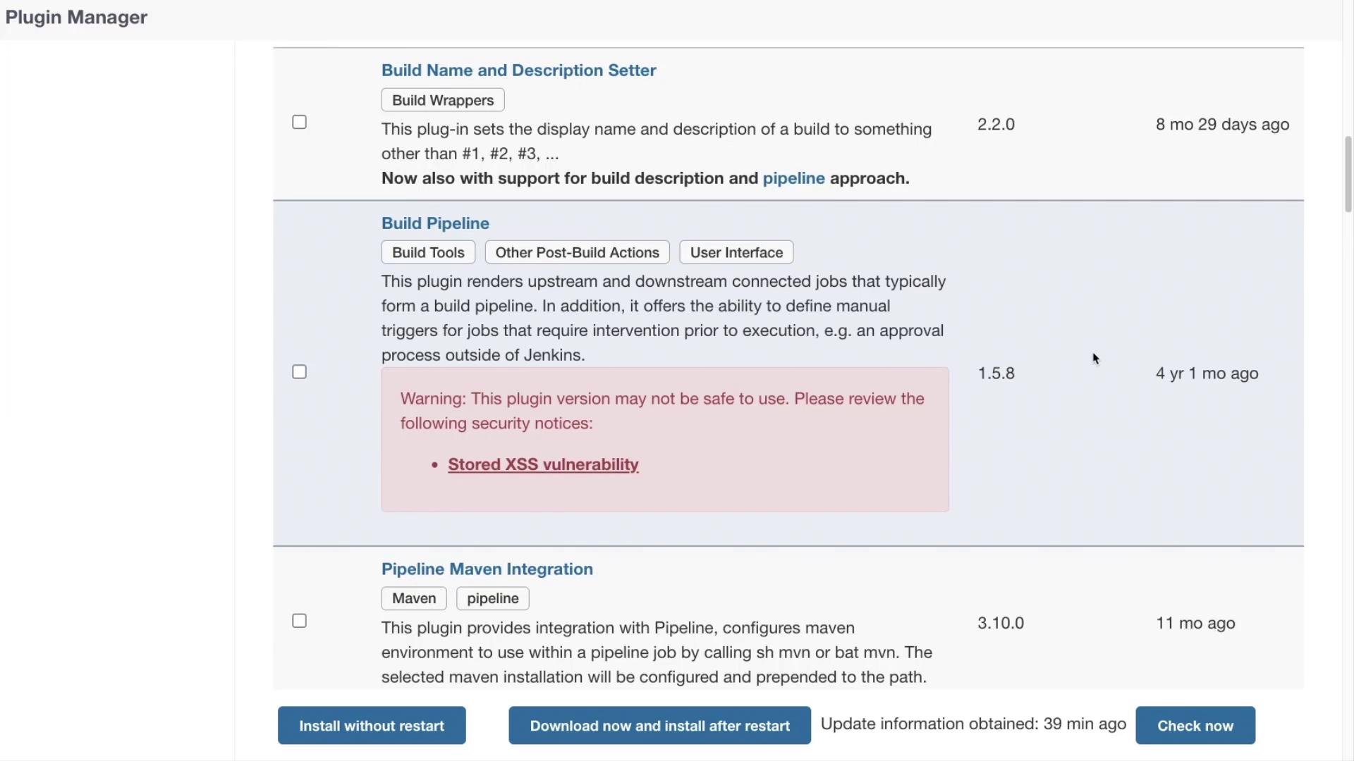 The image shows a Jenkins Plugin Manager interface listing plugins, including a warning about a stored XSS vulnerability in the "Build Pipeline" plugin.