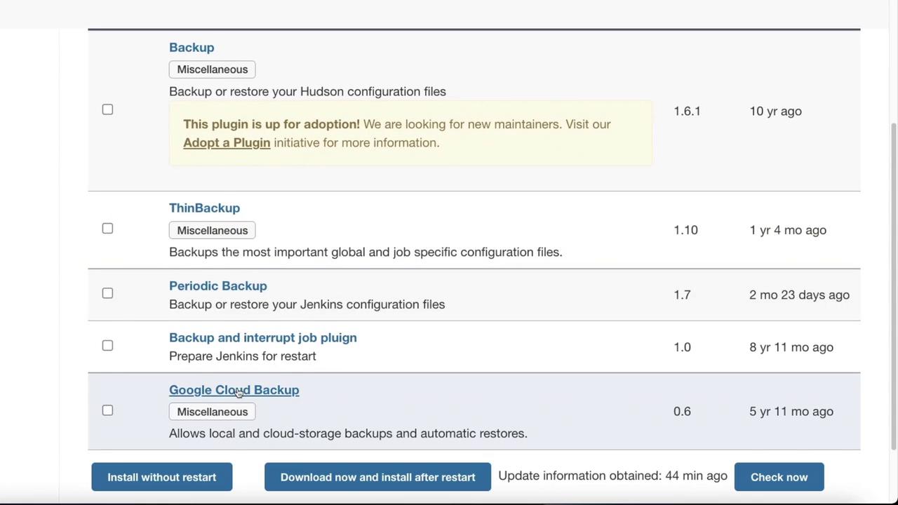 The image shows a list of backup plugins for Jenkins, including their versions, descriptions, and update information. Options to install or download are available.