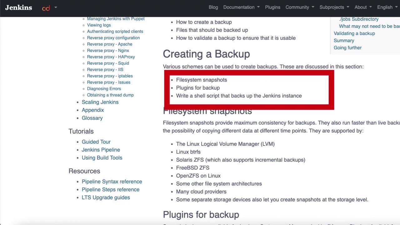 The image shows a Jenkins documentation page about creating backups, highlighting filesystem snapshots, backup plugins, and shell scripts for Jenkins instance backup.