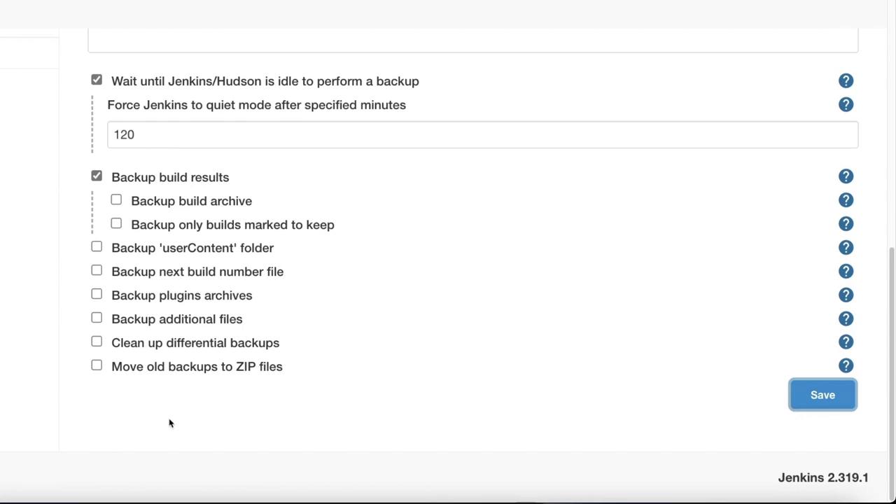 The image shows a Jenkins backup configuration screen with options for backing up build results, user content, and plugins, among others.