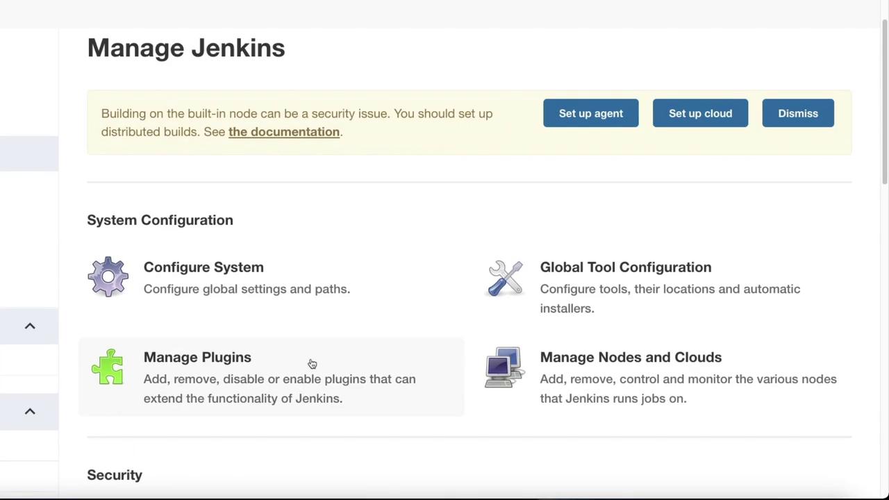 The image shows the "Manage Jenkins" dashboard, featuring options for system configuration, plugin management, and node/cloud management, with security setup suggestions.