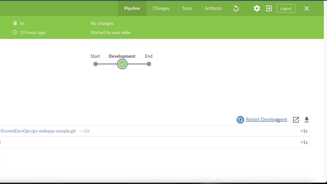 The image shows a software development pipeline interface, indicating the "Development" stage is complete, with options to restart and view details.
