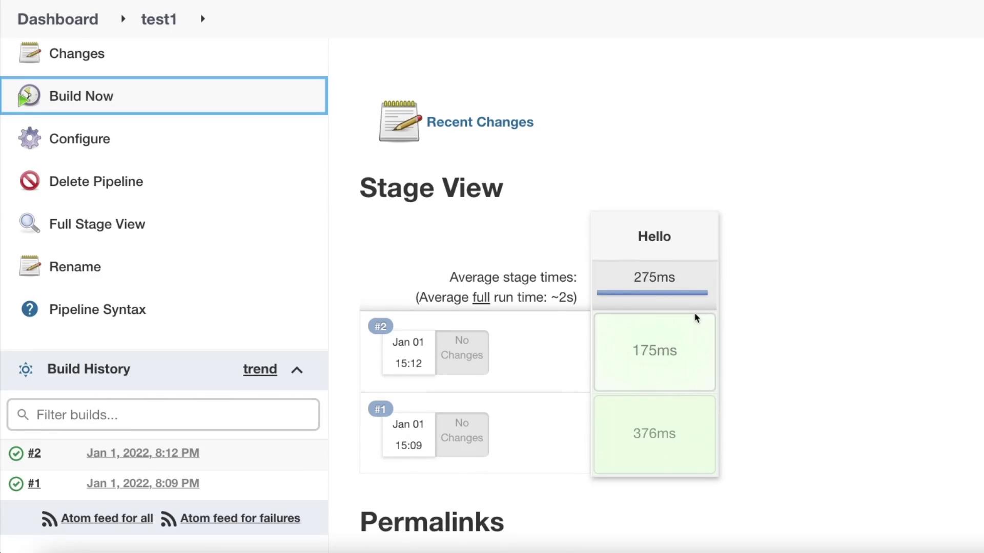The image shows a Jenkins dashboard with options like "Build Now" and "Configure," displaying build history and stage view with average stage times.